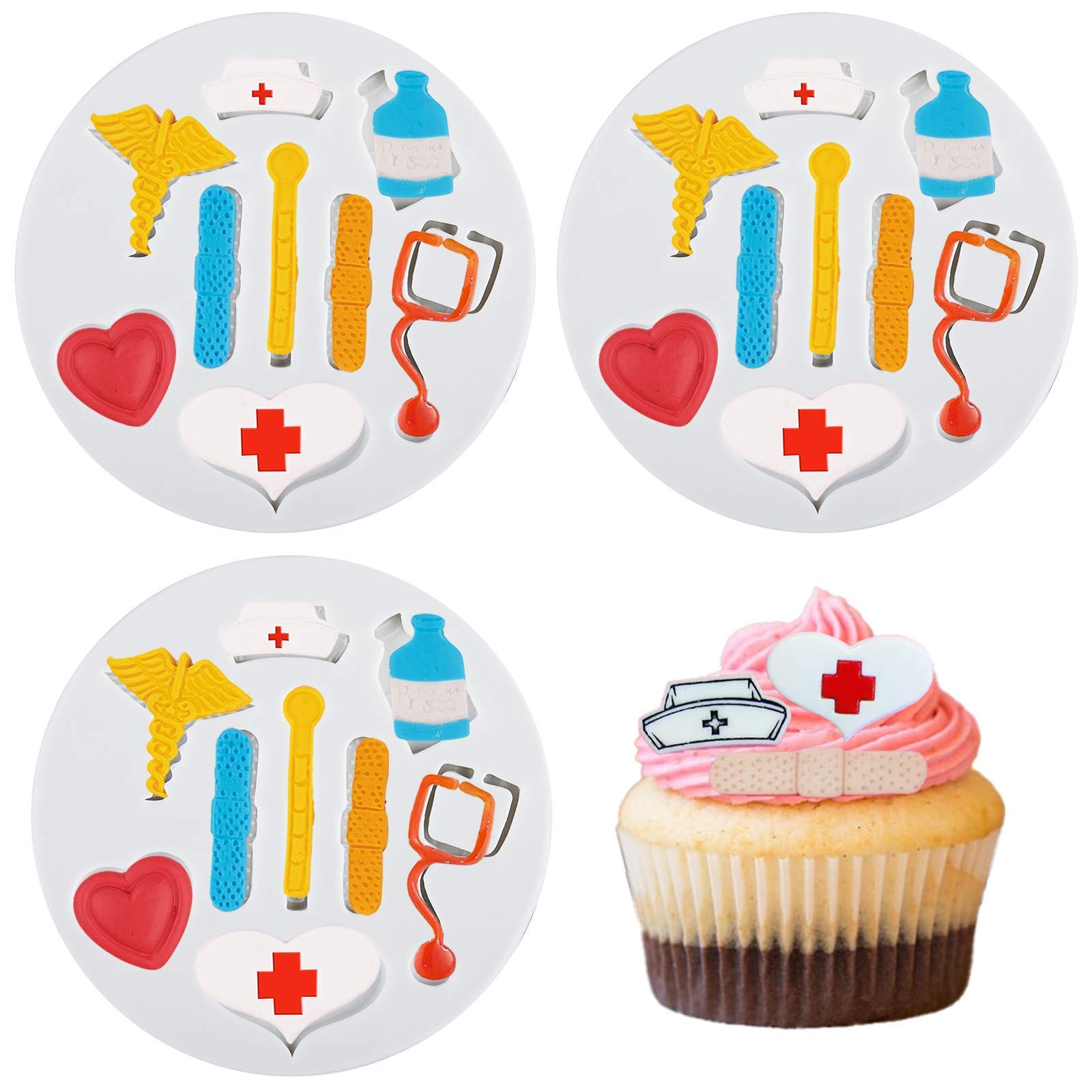 3 Pieces Nurse Themed Fondant Molds Nurse Themed Hat Bottle Heart Molds Silicone Baking Molds Chocolate Candy Resin Molds Desser