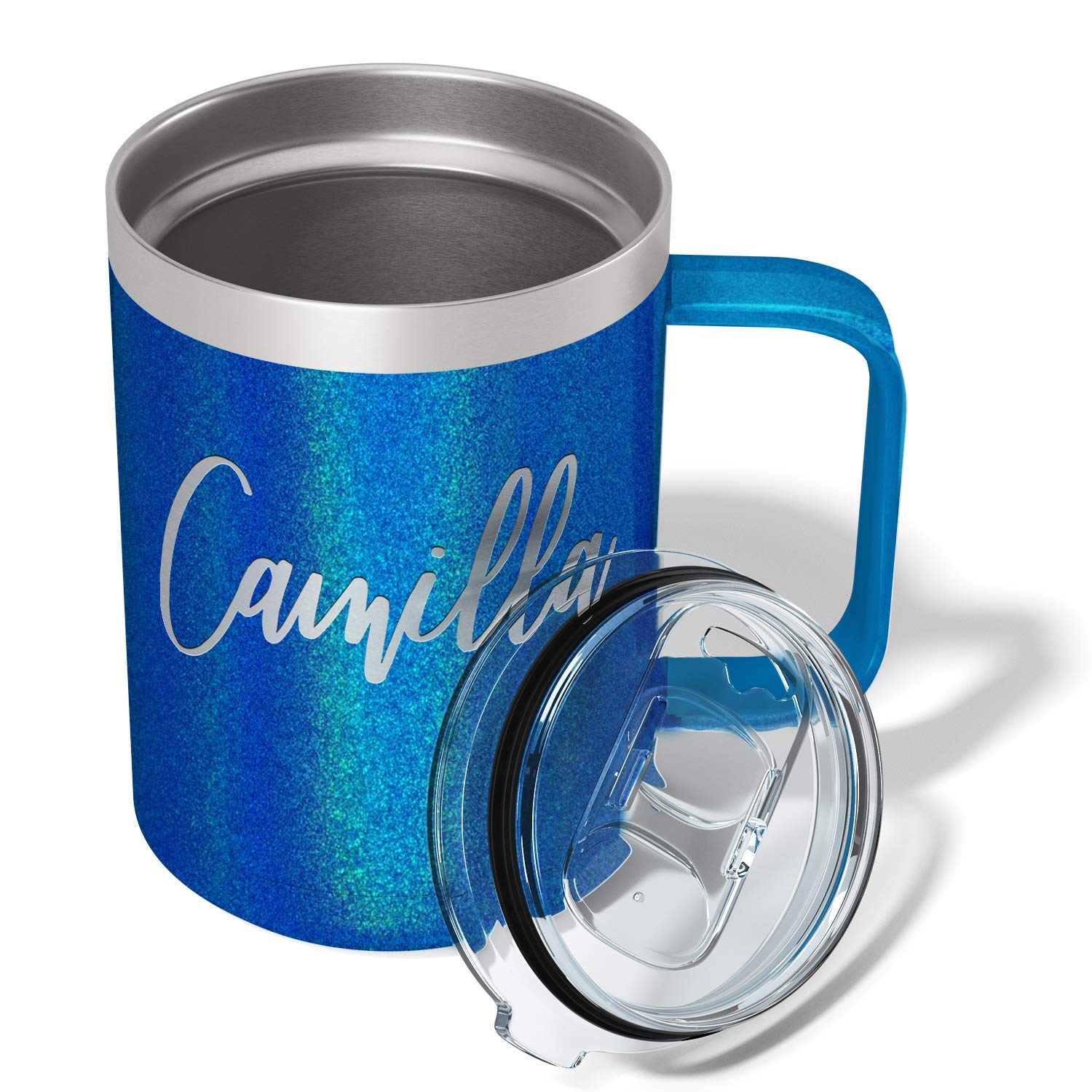 Personalized Coffee Mug Blue Glitter 15 Oz With Lid And Handle Custom Engraved Gift Stainless Steel Vacuum Insulated Cup