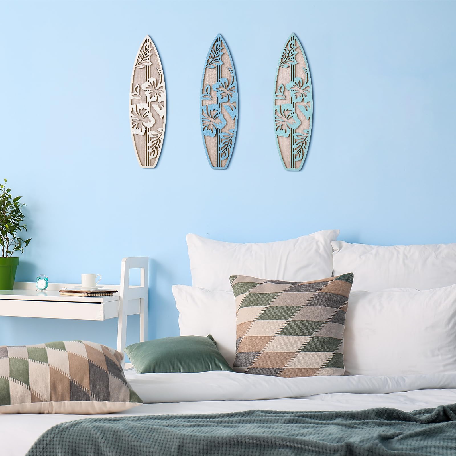 RattanView 3 Pieces Surfboard Decor for Bedroom Wooden Beach Wall Decor Summer Wood Surfboard Wall Hanging Sign for Tropical Liv