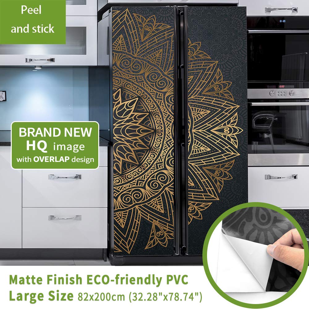 Vintage Art Self Stick Vinyl Door Mural Sticker, Peel And Stick Removable Refrigerator Wrap Decal, Noble Mandala, 32.3X78.7, 2 P