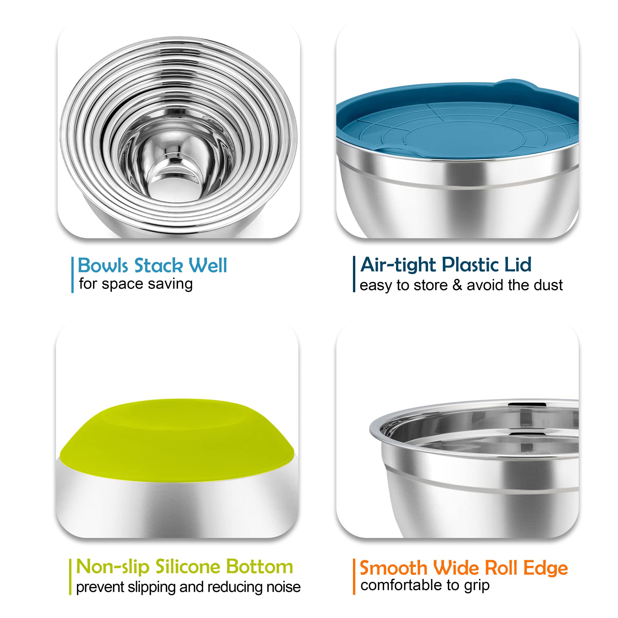 Teamfar Mixing Bowls Set Of 7, Stainless Steel Mixing Bowls With Lids For Baking Mixing Prepping, Salad Bowl With Air-Tight Lid