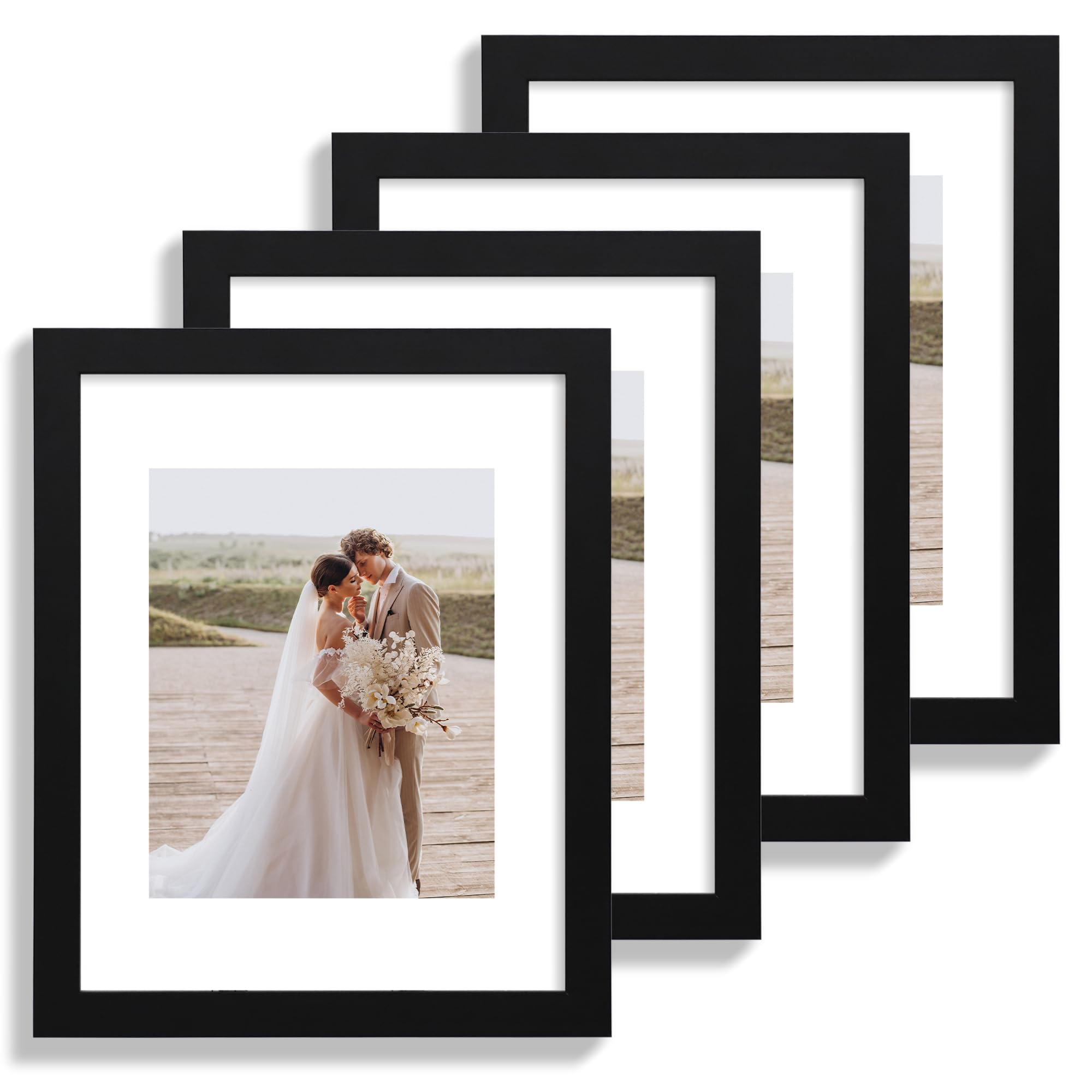 Hongkee 11x14 Picture Frame Set of 4, Made of Black Wooden Frame, Display 8x10 Pictures with Mat or 11 x 14 Posters without Mat 