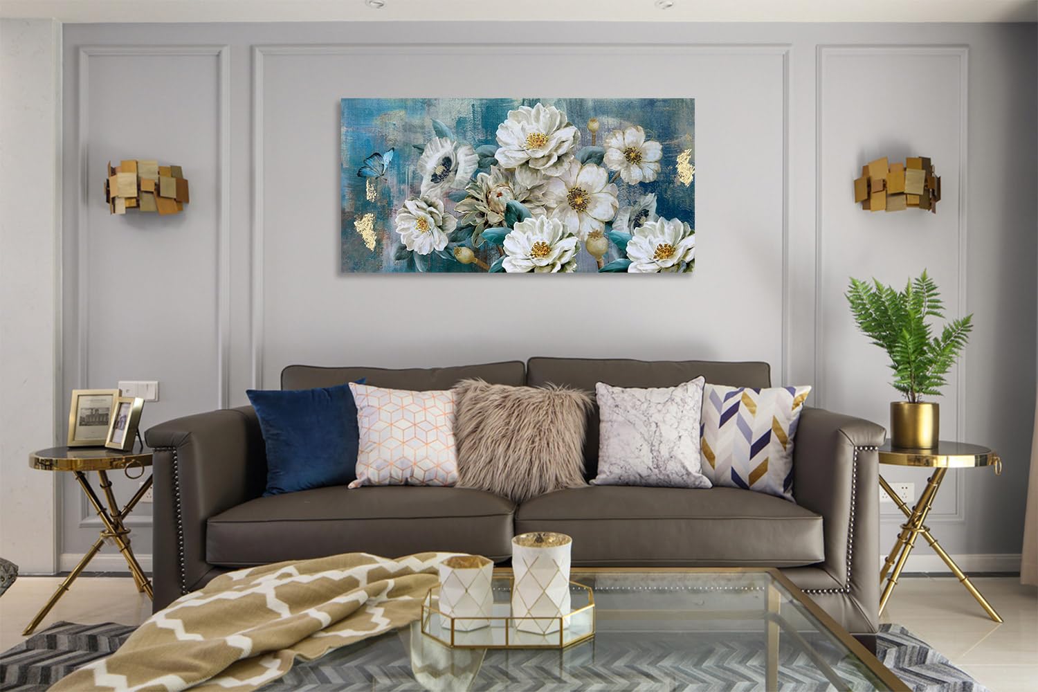 Arjun Flowers Canvas Wall Art White Elegant Modern Picture Gold Foil Rustic Painting Colorful Turquoise Floral Large Teal Artwor