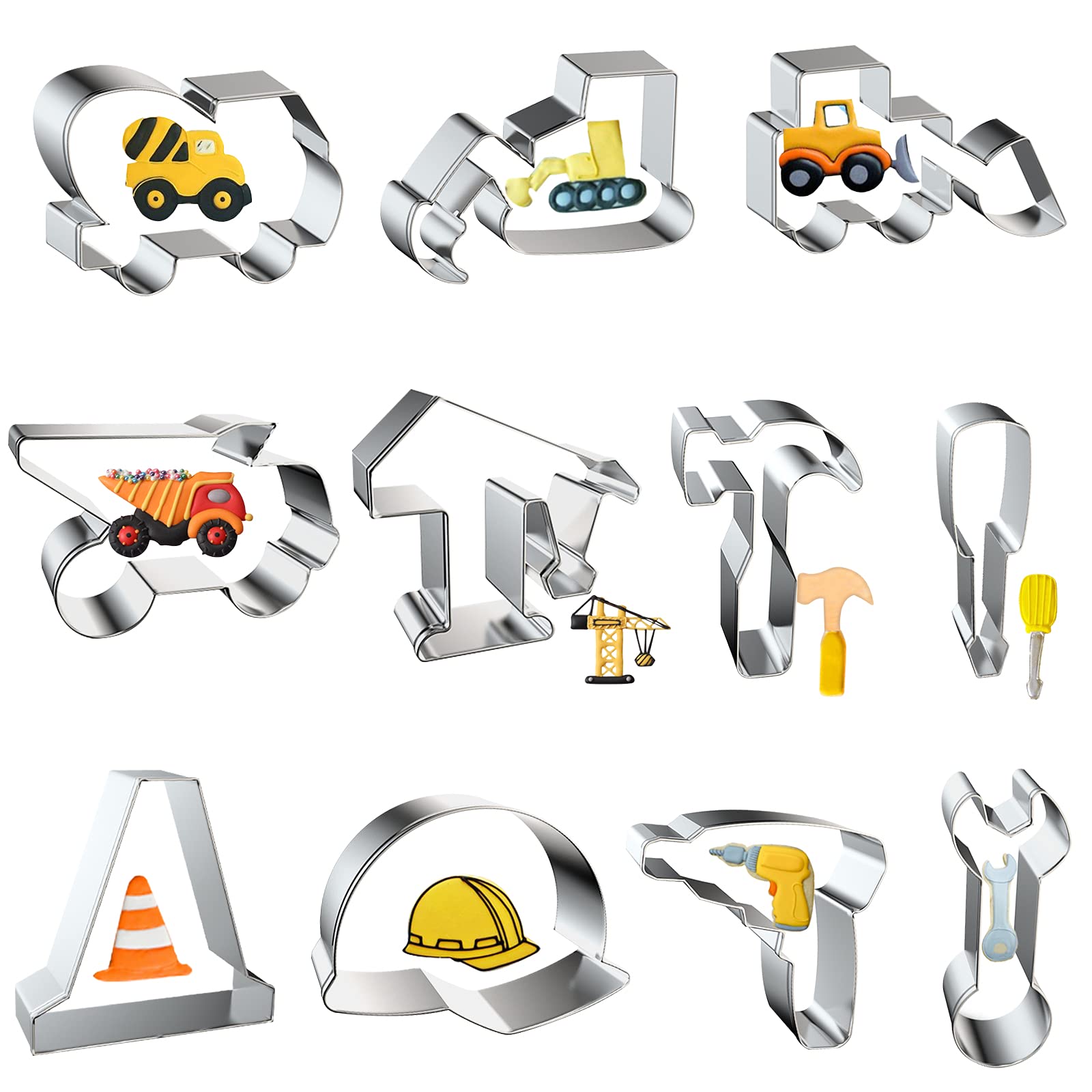 11Pcs Construction Cookie Cutters Set, Excavator, Bulldozer, Dump Truck, Crane, Hammer, Wrench, Drill, Safety Helmet Constructio