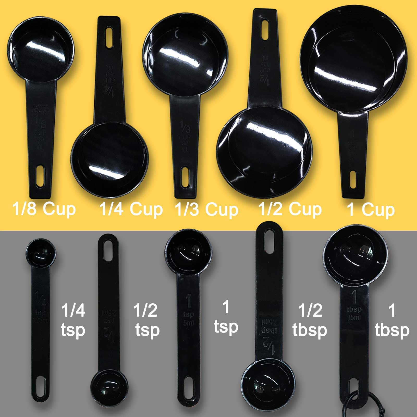 Xgigix Black Measuring Cups And Measuring Spoons Set Of 10Pcs, Minimalist Modern Cups, Included 2 Pcs Kitchen Tool Hook Up. (Bla