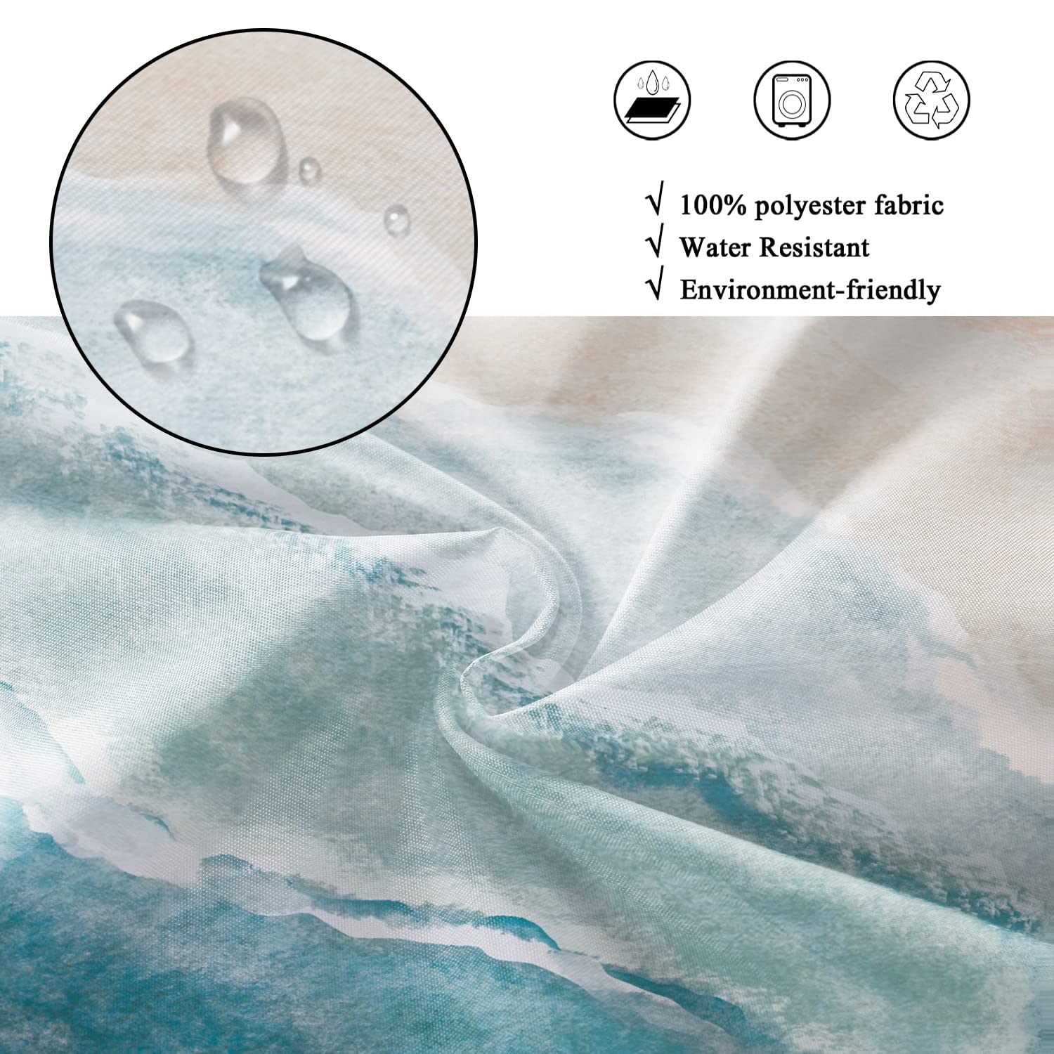 Gcirec Beach Shower Curtain, Teal Blue Coastal Ocean Beach Theme Bathroom Curtain Waterproof Fabric Machine Washable With Hooks,
