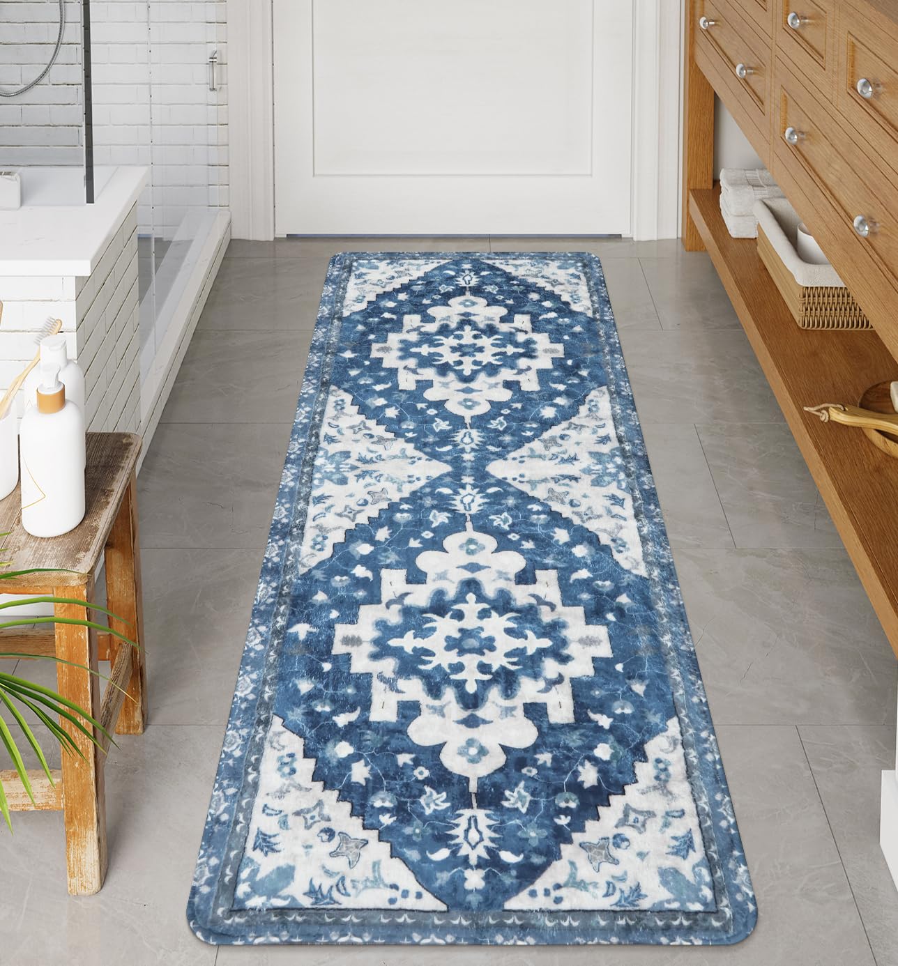 Uphome Vintage Bathroom Runner Blue Boho Non-Slip Long Bath Mat Oriental Soft Machine Washable Bedroom Rug Traditional Tribal Fl