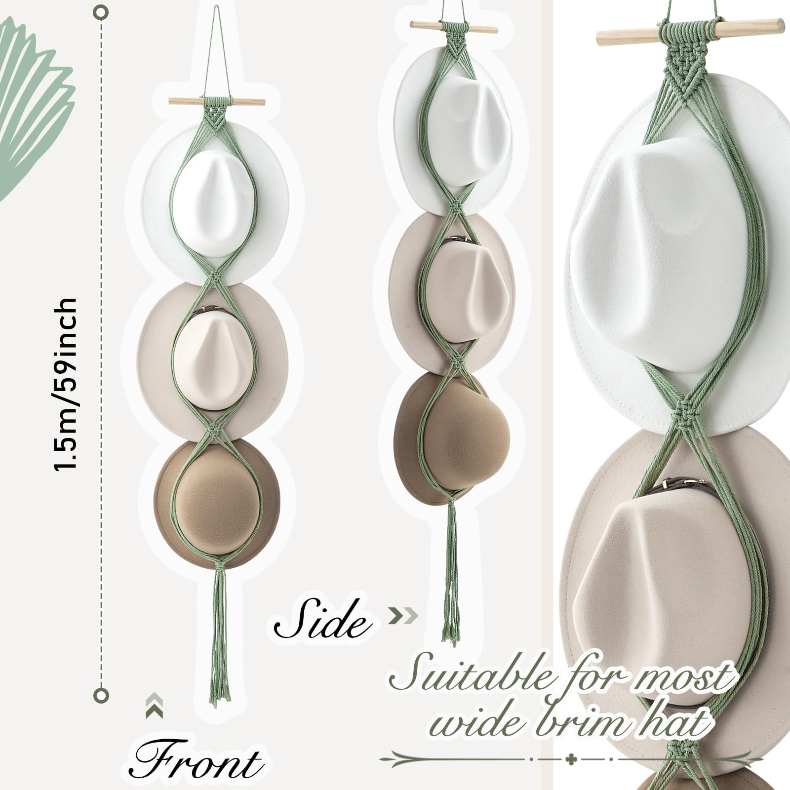 Yulejo Macrame Hat Hangers Boho Hat Rack Cowboy Hat Hanger Back Of Door Hat Organizer (Sage Green,Three Hats Style)
