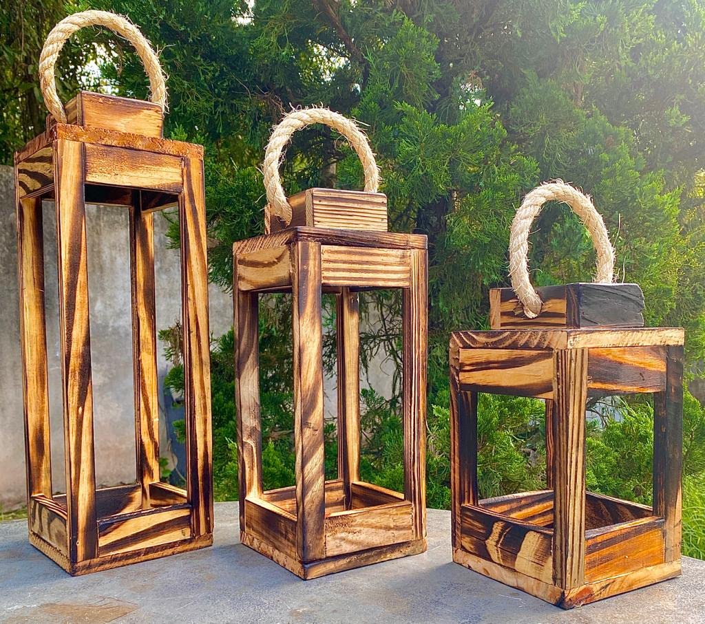 Farmhouse Wooden Candle Lanterns Decorative Set of 3, Rustic Hanging Wedding Lantern Candle Holder for Table Centerpiece Firepla
