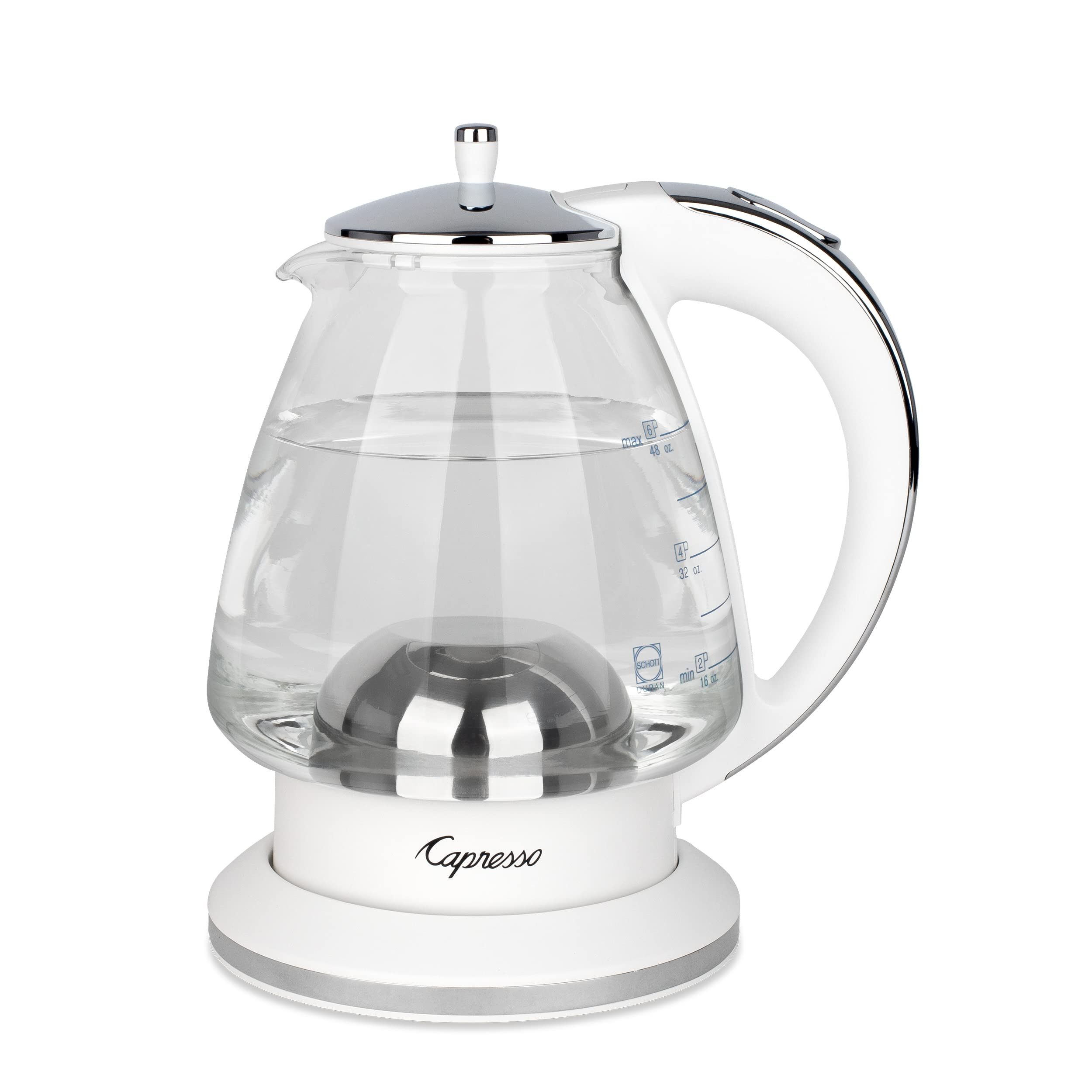 Capresso H2O Glass Kettle, 240.02, White And Polished Chrome, 48 Ounces