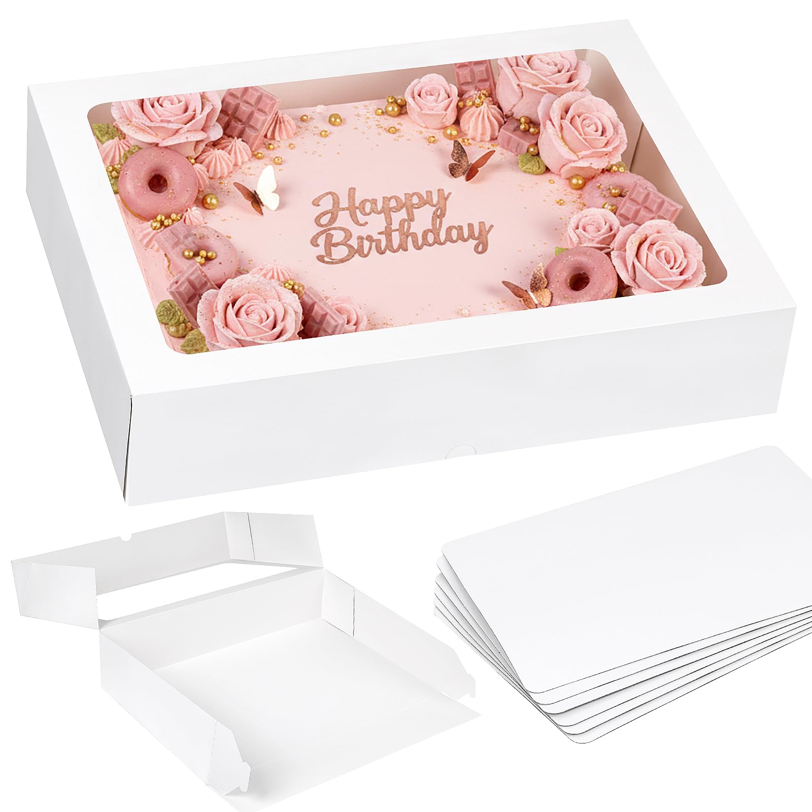Moretoes 6 Pack 19x14x4 Inch Large Sheet Cake Boxes with Thick Cake Boards, White Rectangle Bakery Boxes with Window for Cake Pa