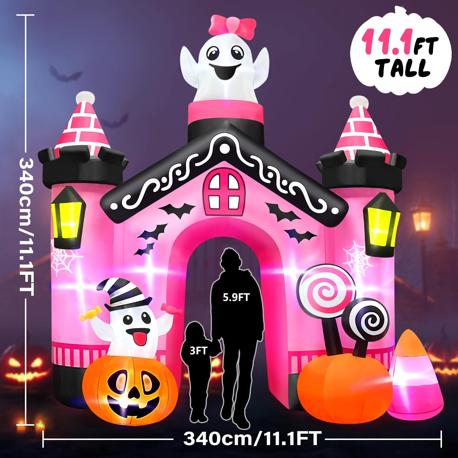 Kalolary 11 FT Halloween Inflatables Ghost Archway Outdoor Decorations, Pink Castle Arch Blow Up Yard Decorations Scary Inflatab