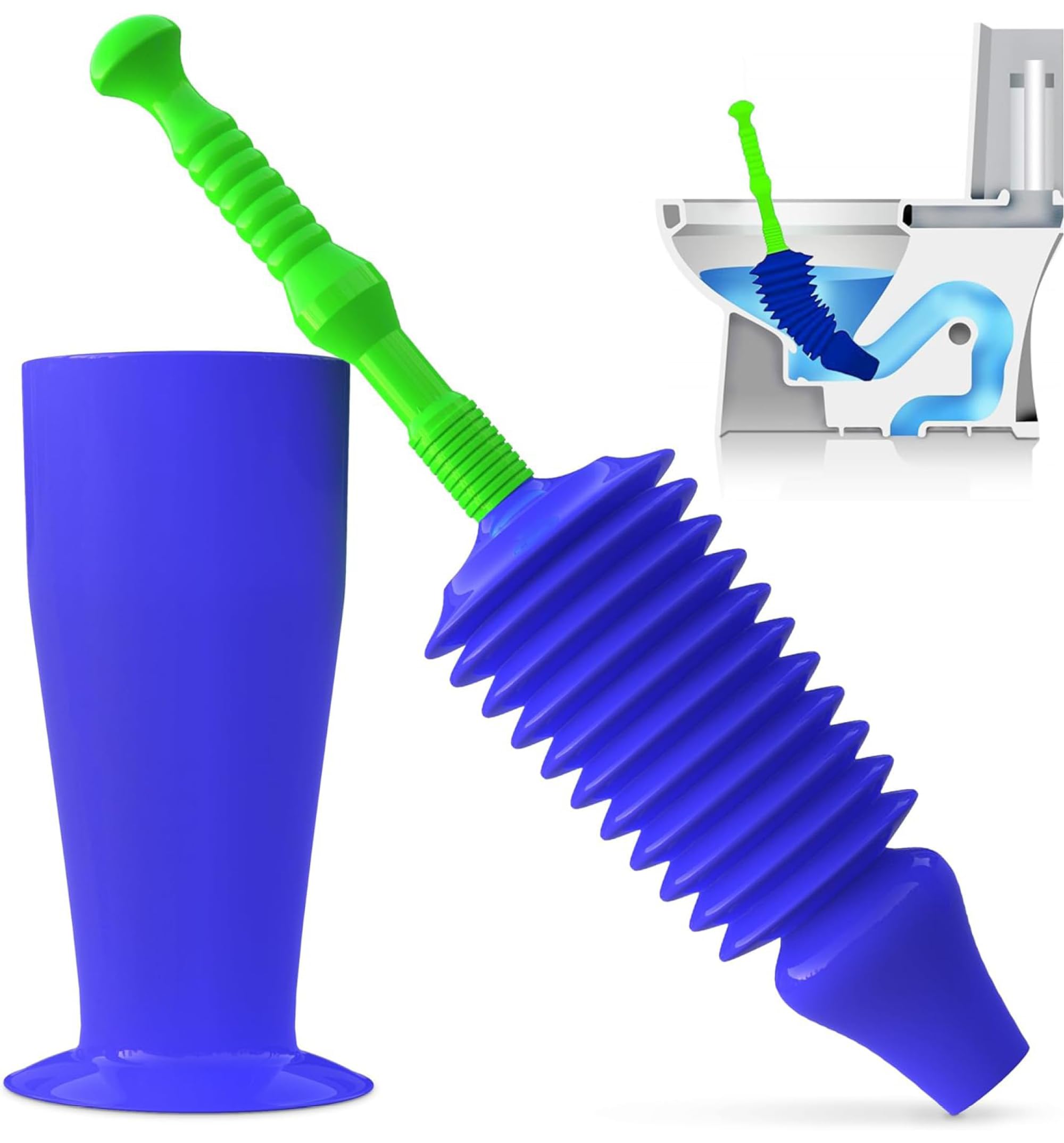 Luigis - The Worlds Best Toilet Plunger  The Big  Blue & green Unblocking Machine  Heavy Duty Unblocker with Unique Bellows Design  clears & Unblocks All Toilets