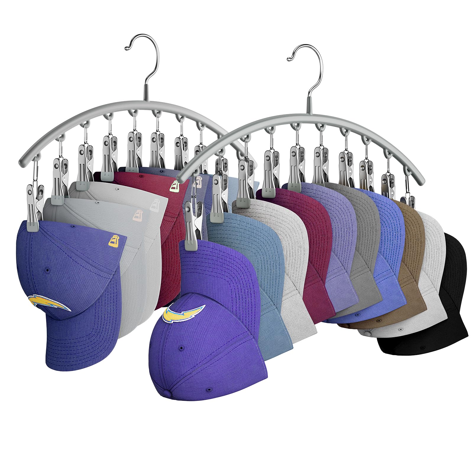 Yecuip Hat Hangers For Closet, Metal Hat Organizer For Baseball Caps 2 Pack Door Hat Racks For Baseball Caps With 10 Large Clips