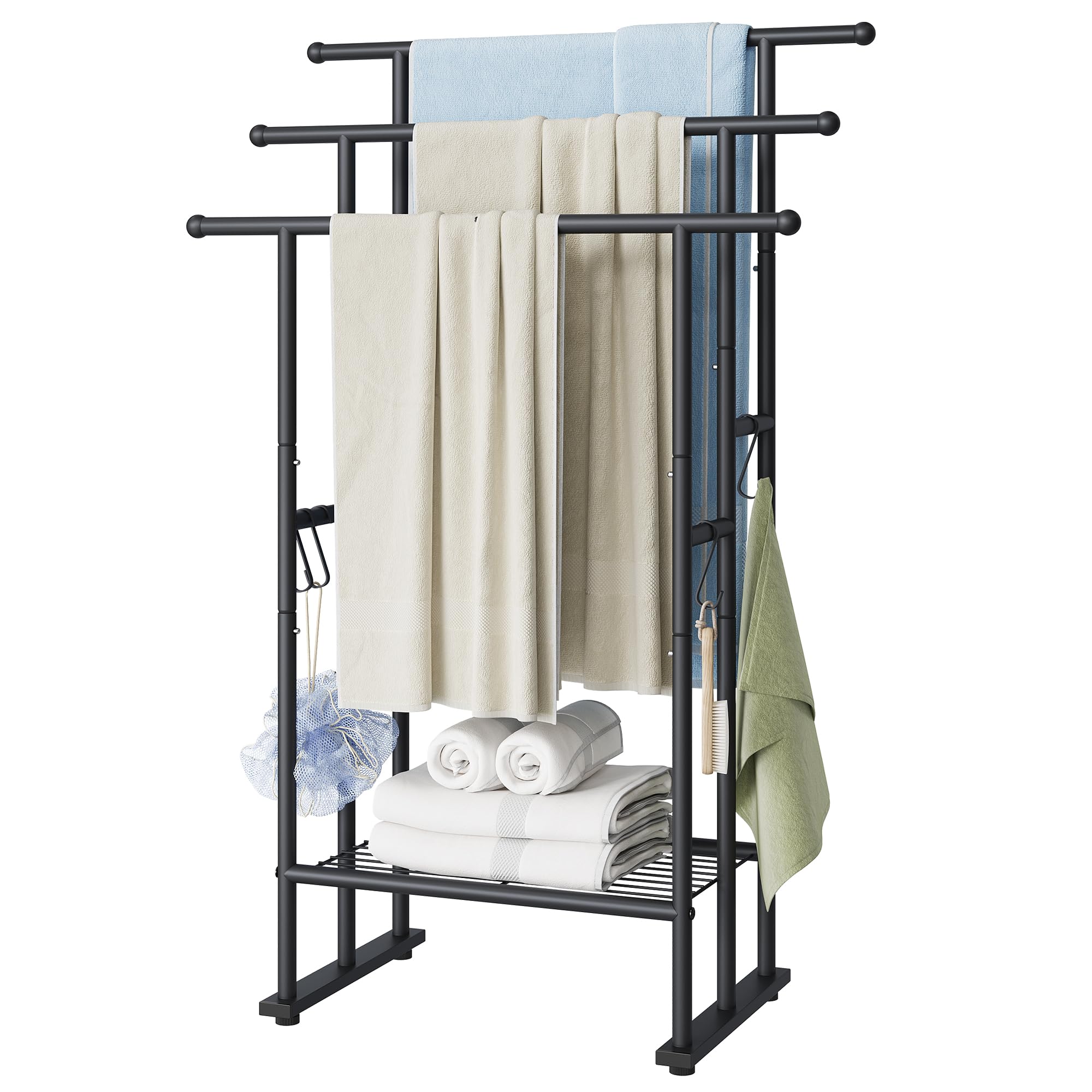 Elyken 3 Tier Standing Towel Rack, 40'' Tall Towel Drying Rack Outdoor, Freestanding Floor Towel Rack With Shelf, Pool Towel Bla