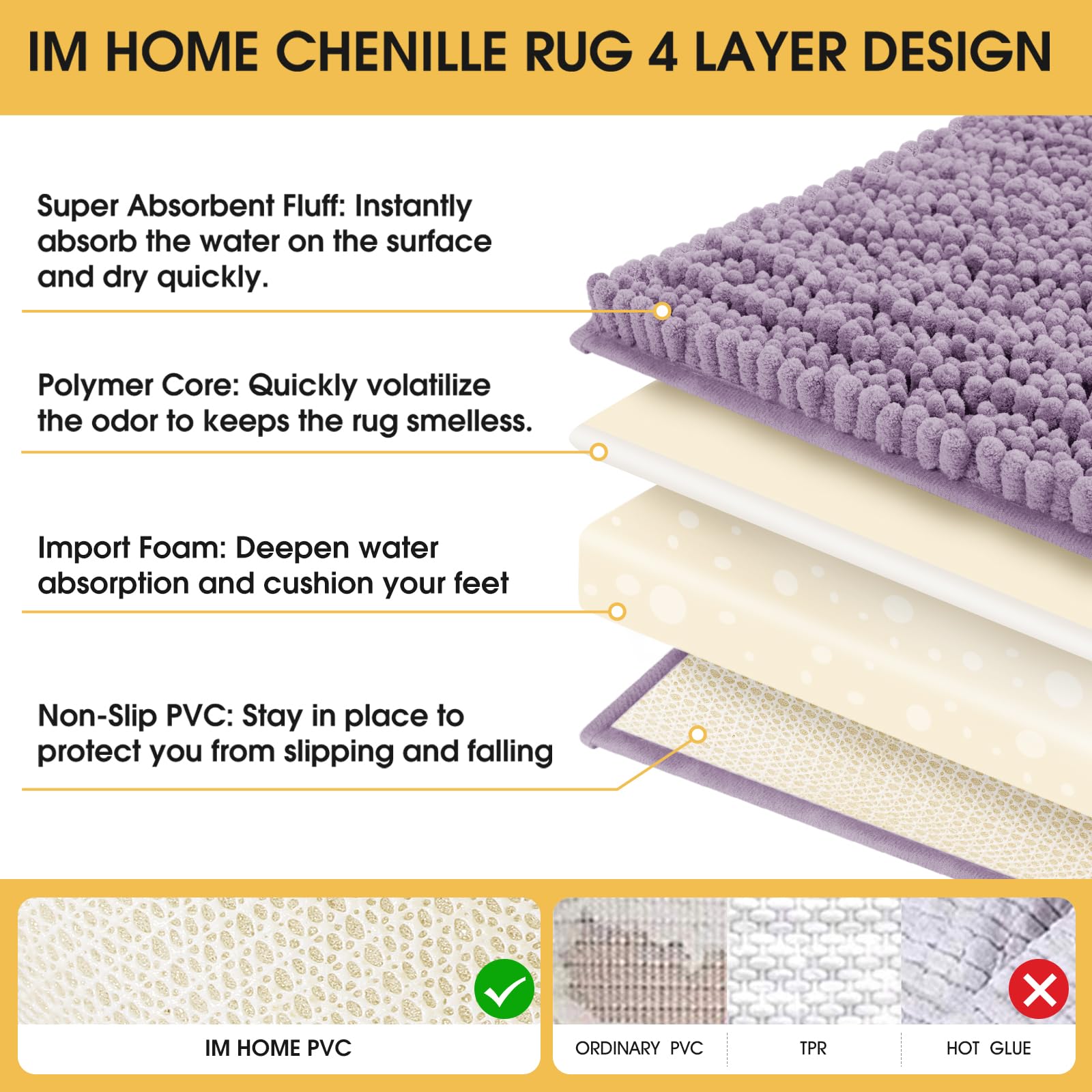 Accumtek Upgrade Extra Large Lavender Bathroom Rug Set 3 Pieces Ultra Soft, Thick Absorbent Bath Mats, Non Slip Chenille Toilet