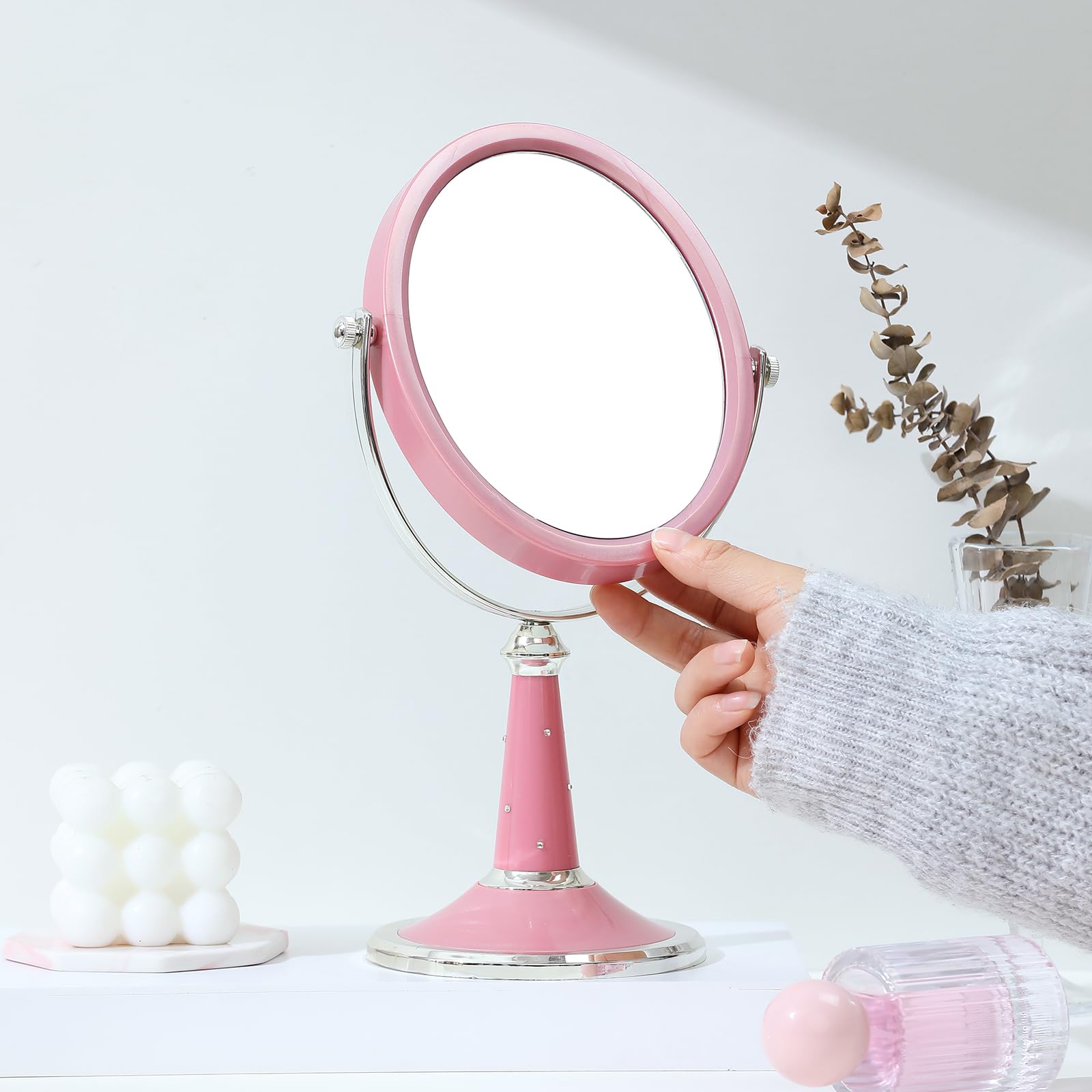 XPXKJ 6-Inch Mirrors Tabletop Vanity Makeup Mirror Two-Sided Swivel with Diamond Desk Mirror One Side 3X Magnification