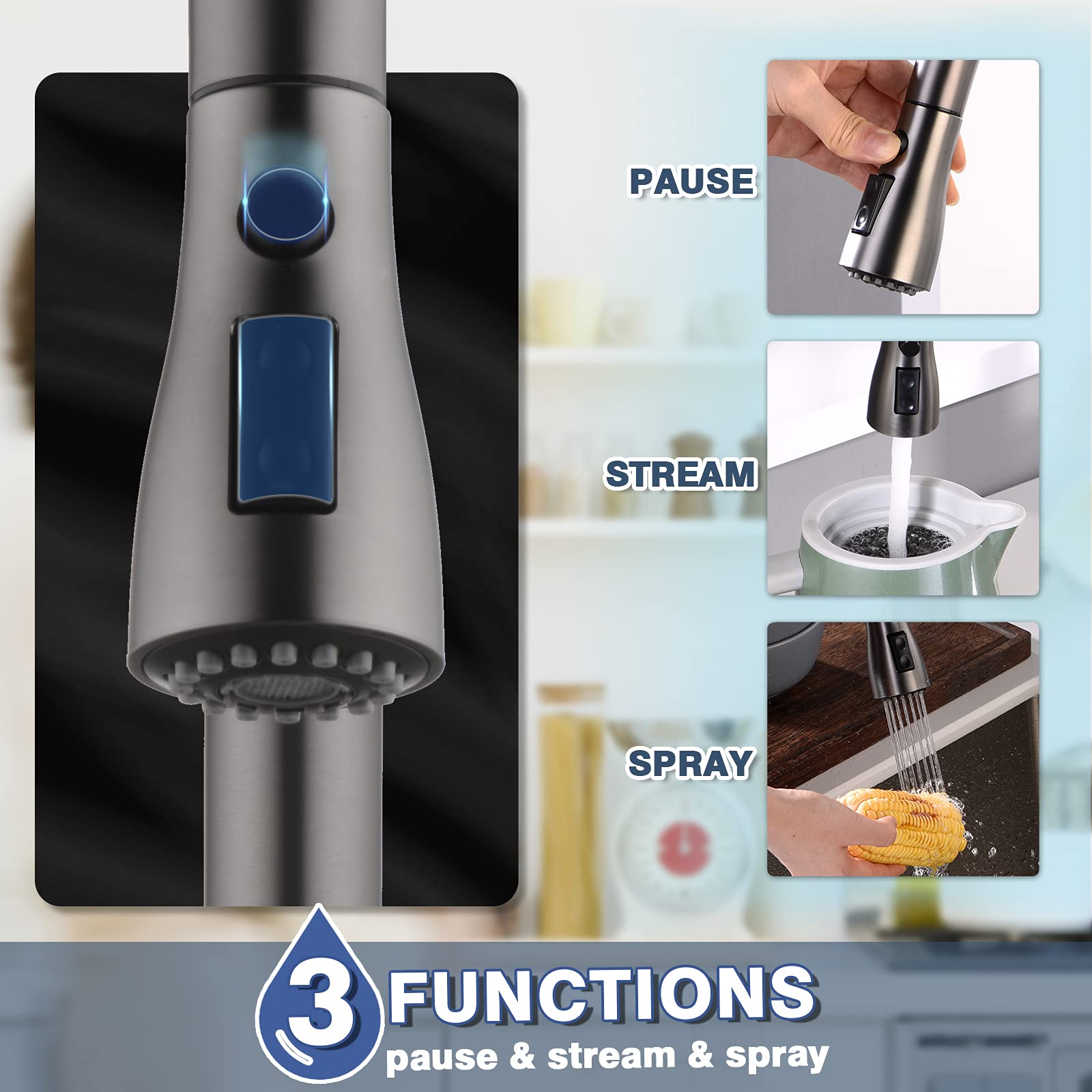 Black Stainless Kitchen Faucet with Pull Down Sprayer WEWE  Single Handle Commercial Modern RV Laundry Stainless Steel Sink Faucet