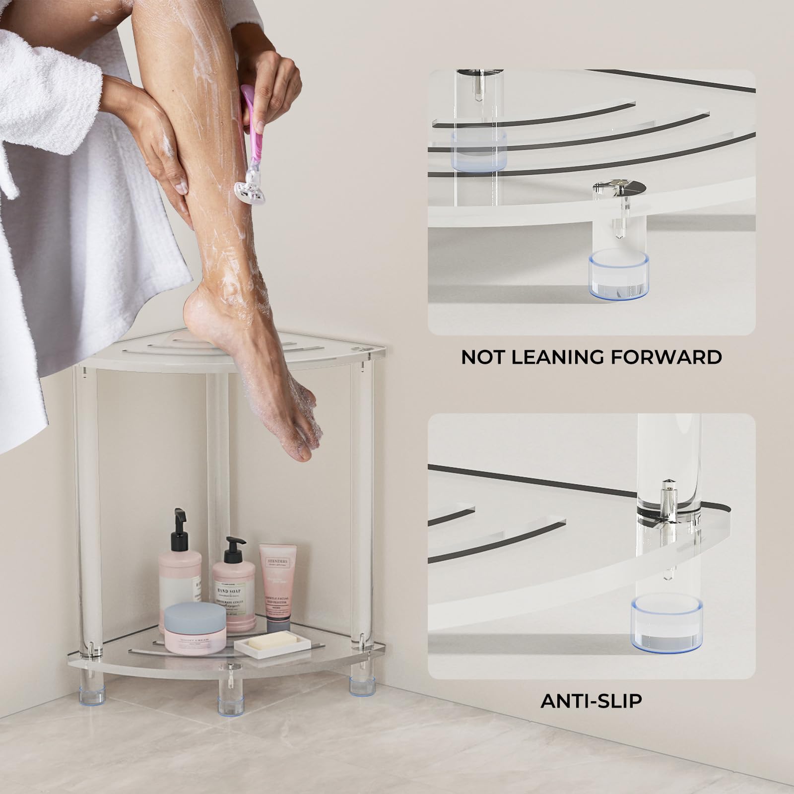 Sumerflos Acrylic Corner Shower Stool For Inside Shower - Clear Small Shower Bench For Shaving Legs Seating Waterproof Heavy Dut