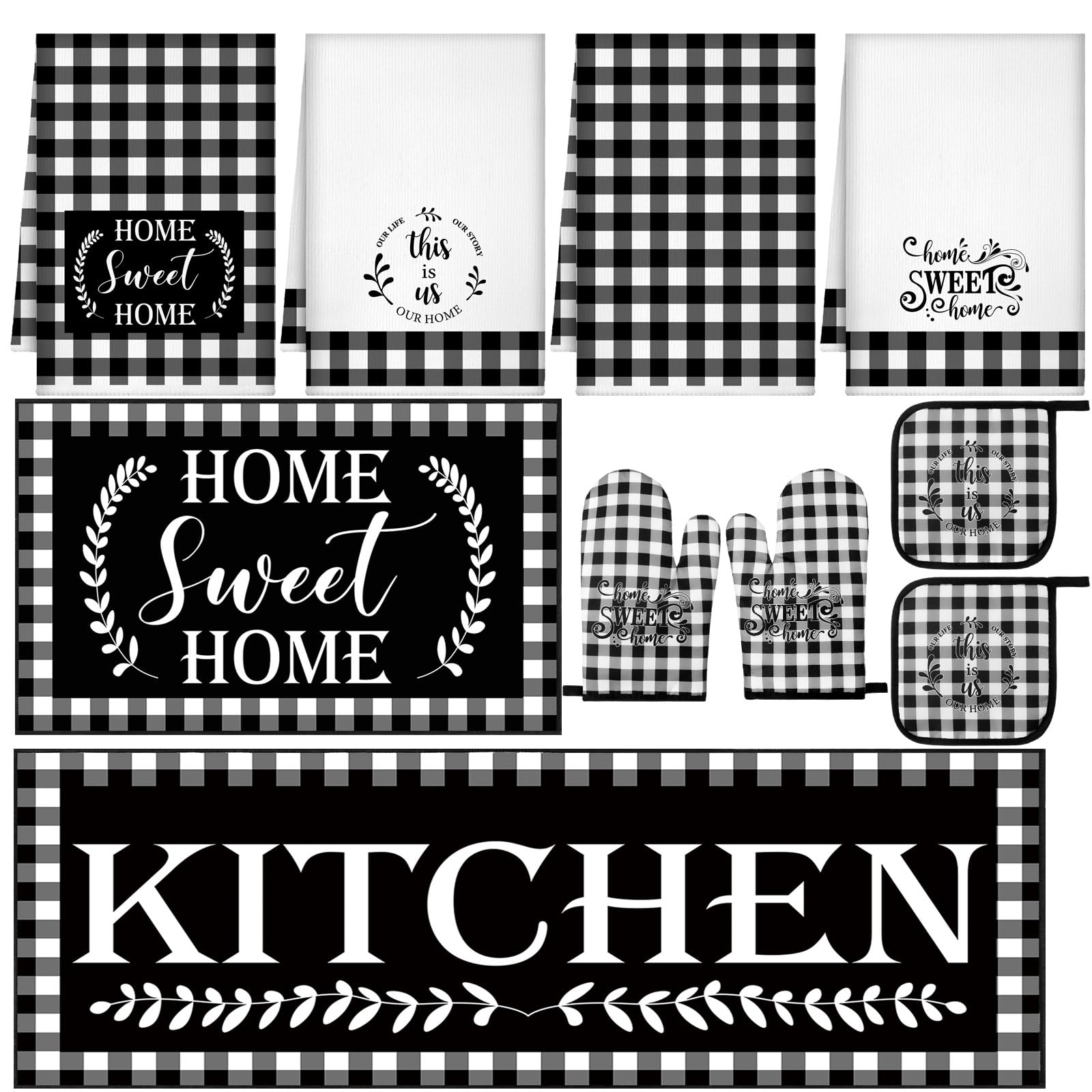 Fourluoo 10 Pcs Christmas Checkered Farmhouse Kitchen Decor Set Dish Towels Kitchen Rugs Oven Mitts and Pot Holders Set for Cook