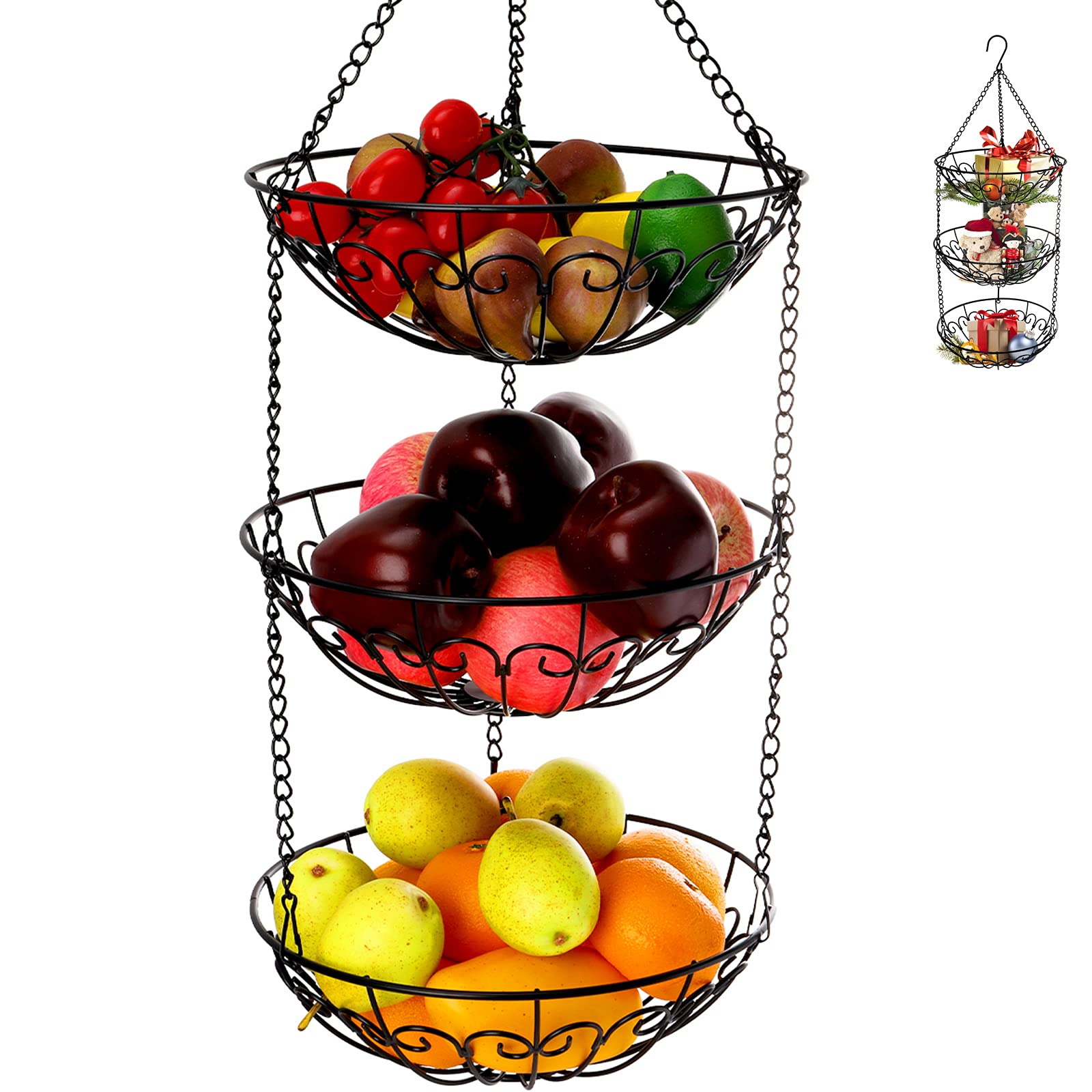 Dicunoy 3Tier Hanging Fruit Basket, Heavy Duty Wire Baskets for Kitchen, Rustic Hanging Veggie Rack, Metal Fruit Holder with Ho