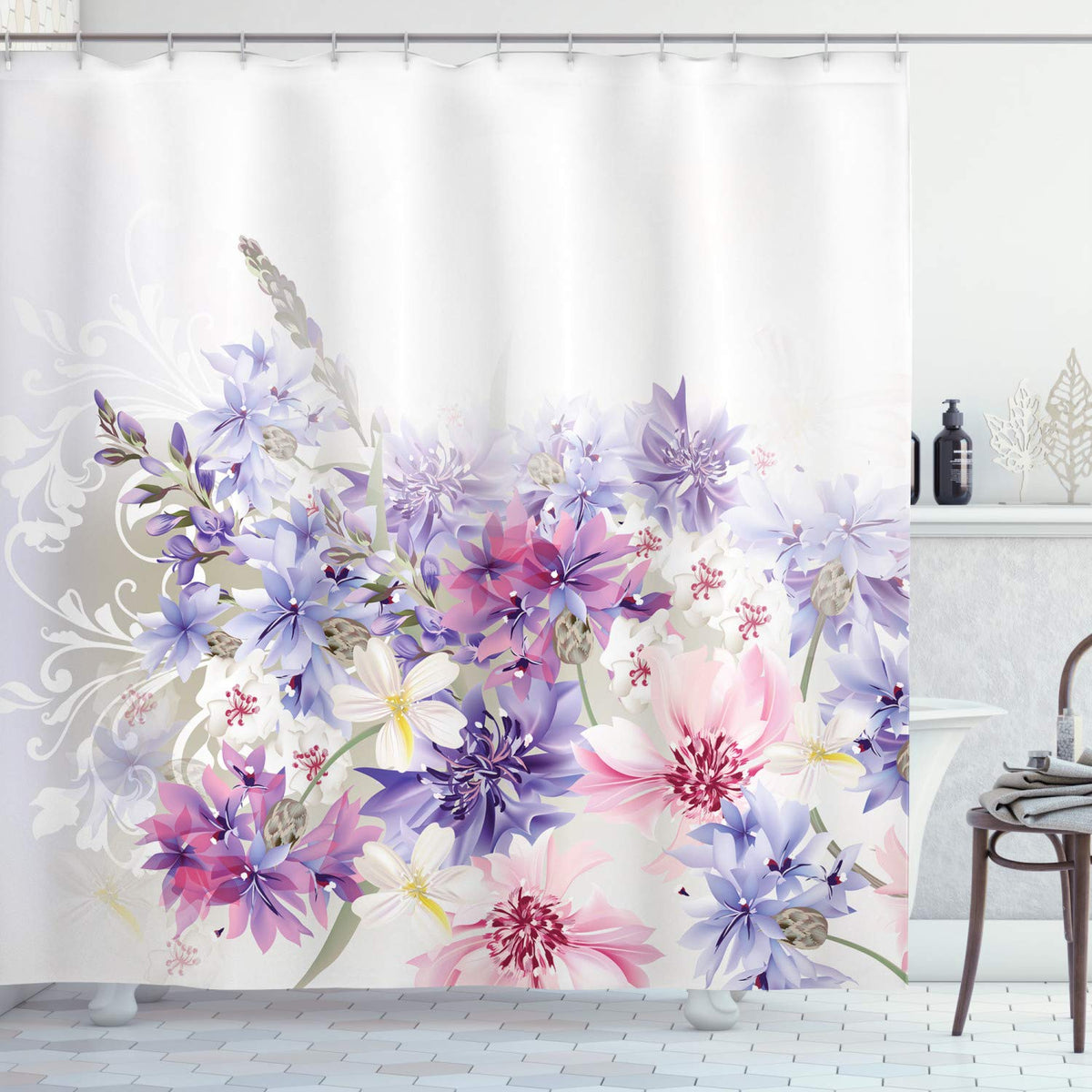 Ambesonne Lavender Shower Curtain, Pastel Cornflowers Bridal Classic Design Gentle Floral Print Wedding Design, Cloth Fabric Bat