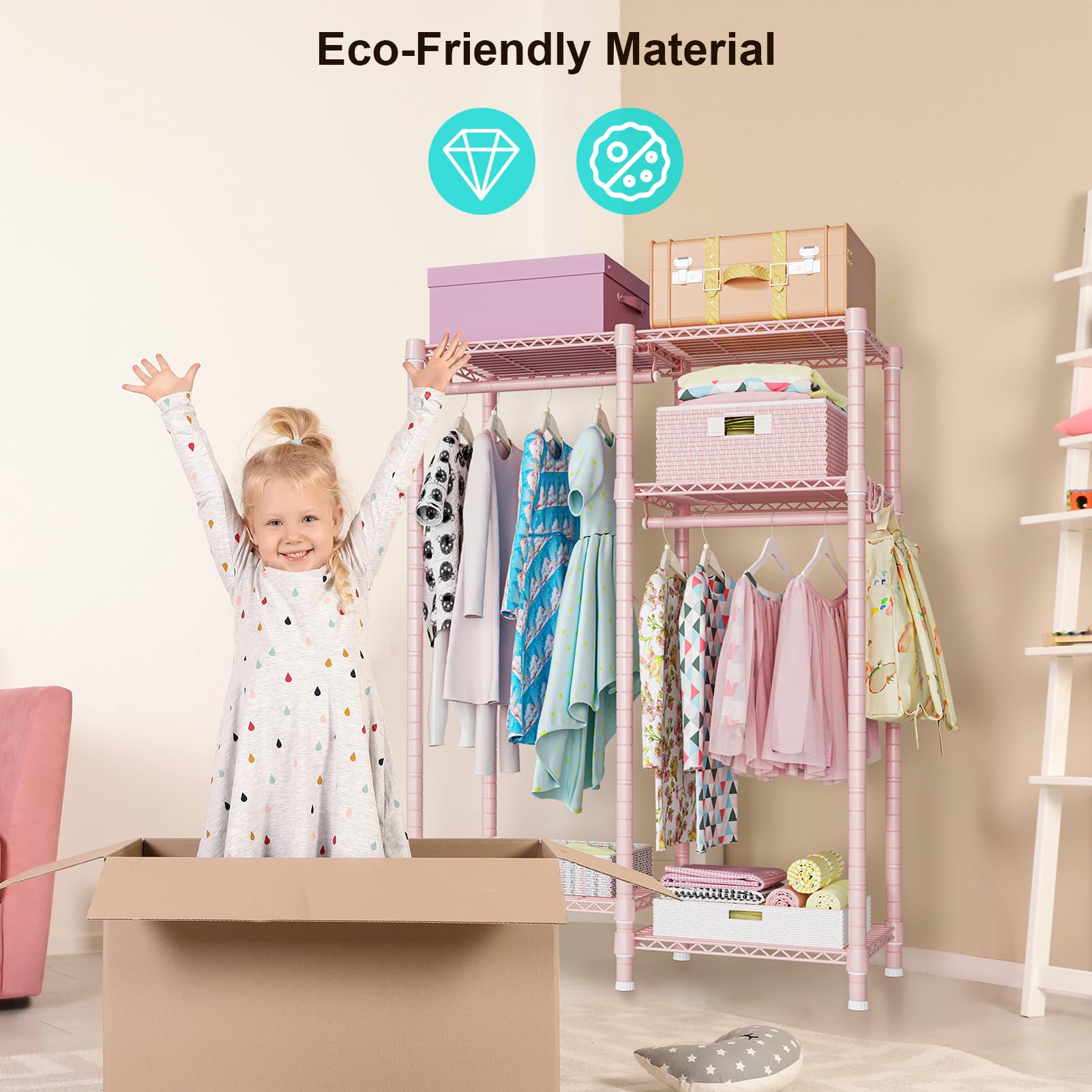 Ulif F1 Clothes Rack For Kids, Baby, Students, And Children'S Room, 4 Tiers Portable Metal Closet Clothing Rack, Small Garment R