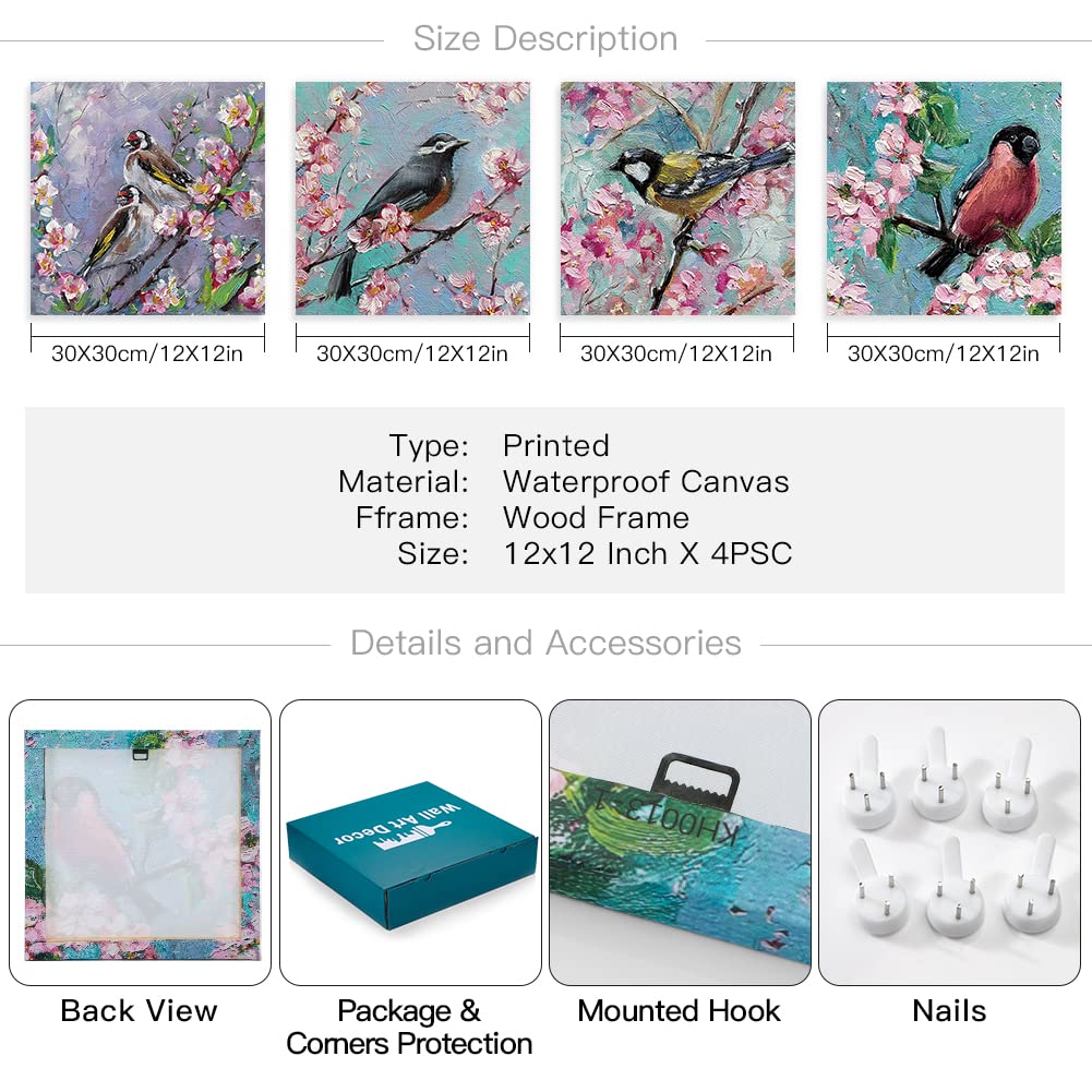 Otostar 4 Pieces Wall Art Canvas Prints - Oil Painting Flowers And Birds Picture Painting - Modern Wall Artwork Framed For Gifts