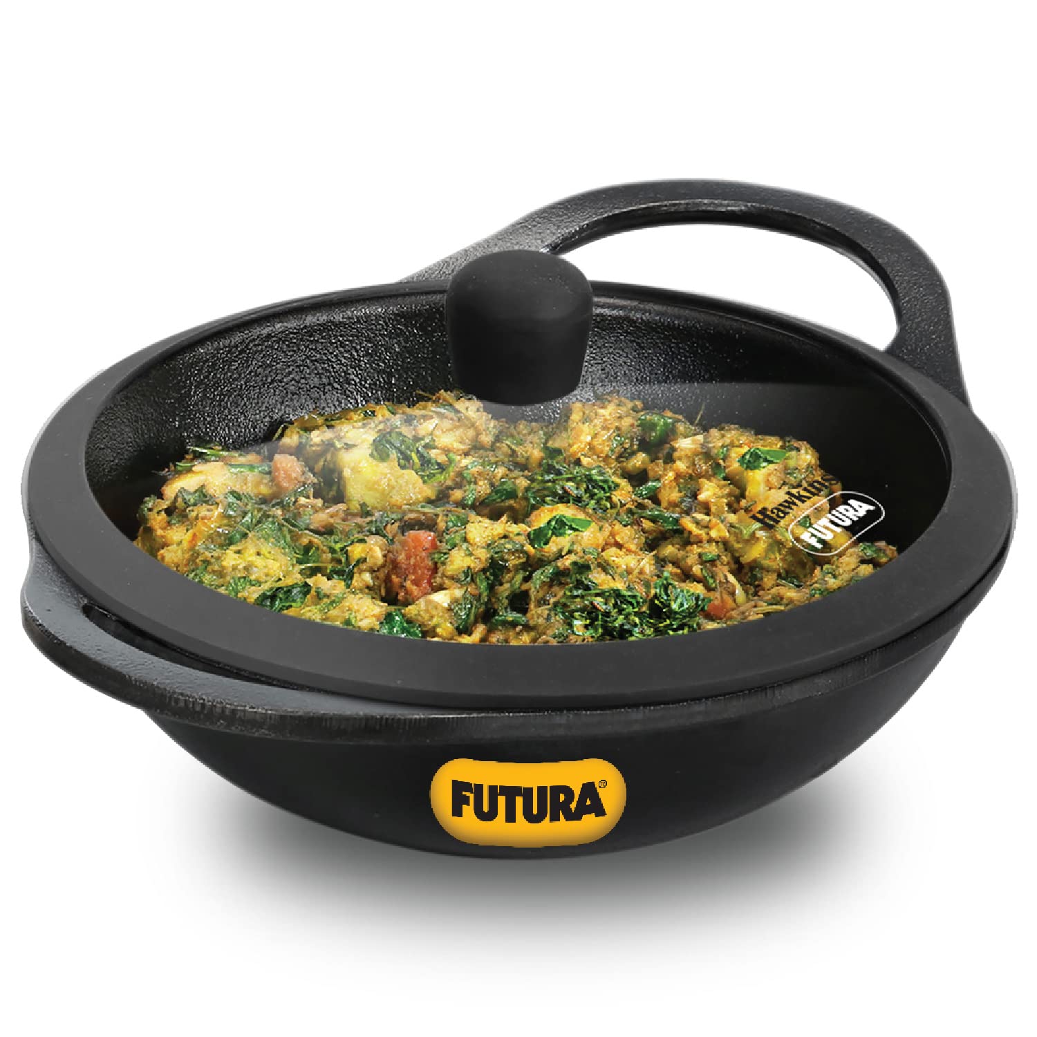 Hawkins Futura 2 Litre Cast Iron Kadhai, Naturally Nonstick Cast Iron Kadai with Glass Lid, Cast Iron Cookware for Kitchen, Blac