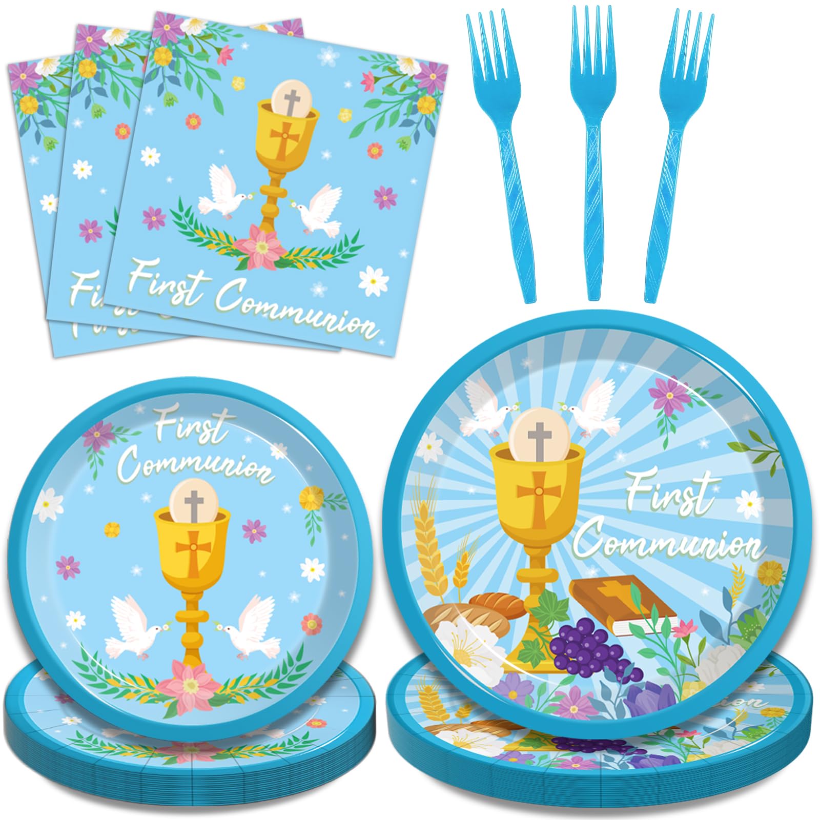 Kepeel 96 Pcs Blue Baptism Plates And Napkins, First Holy Communion Party Decorations Supplies For Boys God Bless Christening Ce