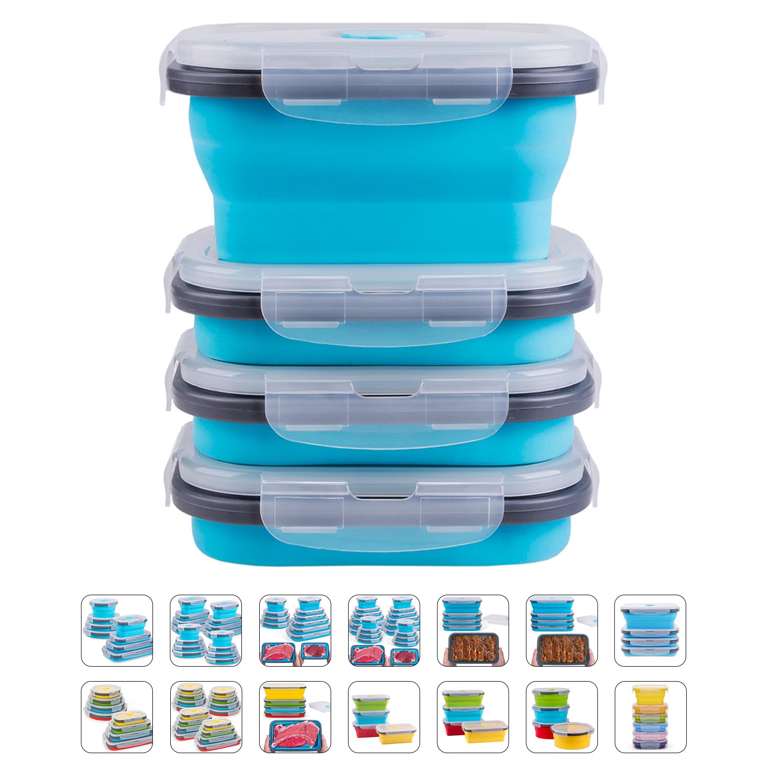 Annaklin Collapsible Food Storage Containers With Lids & Vent, 11.8 Oz, Kitchen Stacking Silicone Collapsible Meal Prep Containe