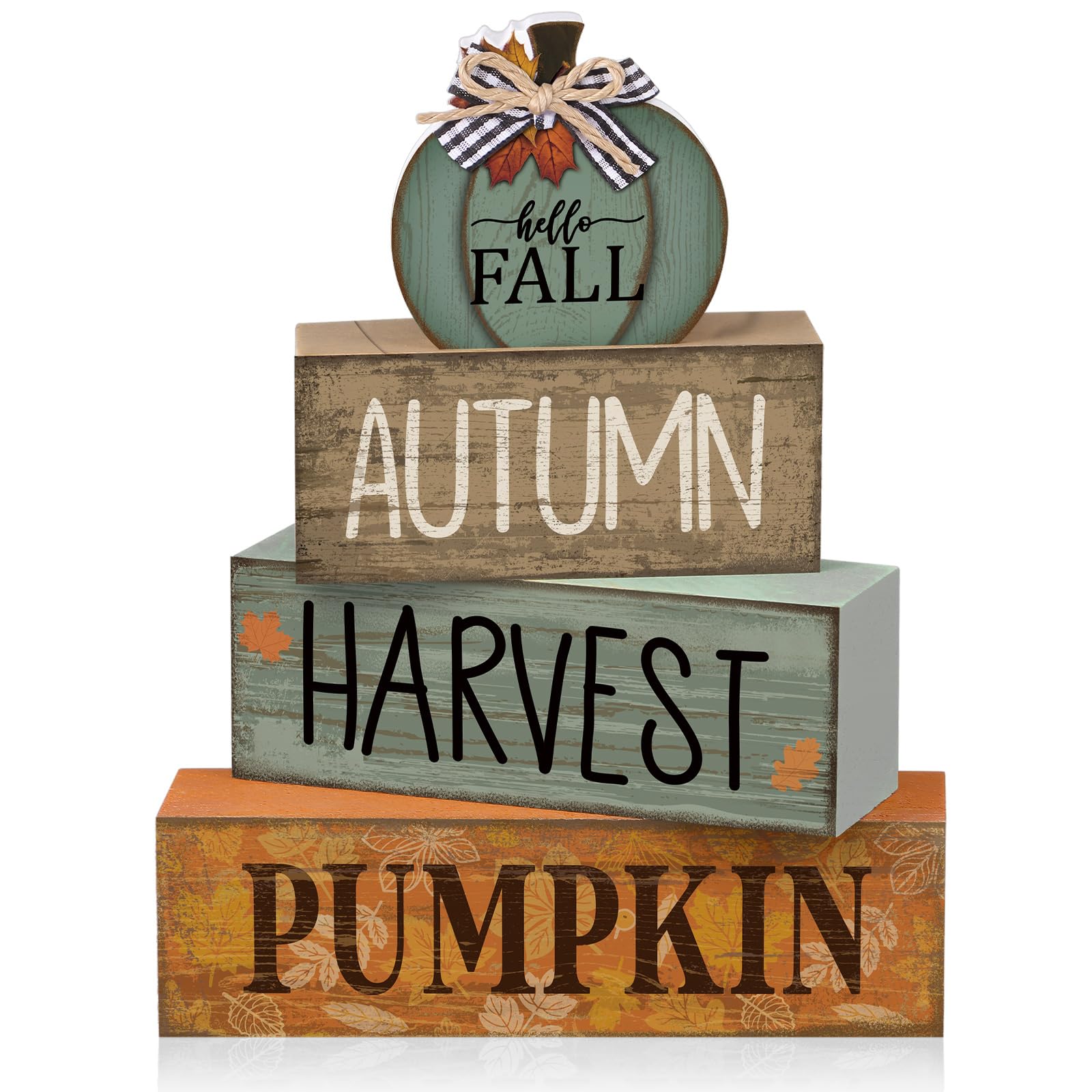 Lineshading 4 Pcs Fall Table Decoration for Home Wooden Pumpkin Decor Thanksgiving Tiered Tray Decor Rustic Neutral Pumpkin Stac