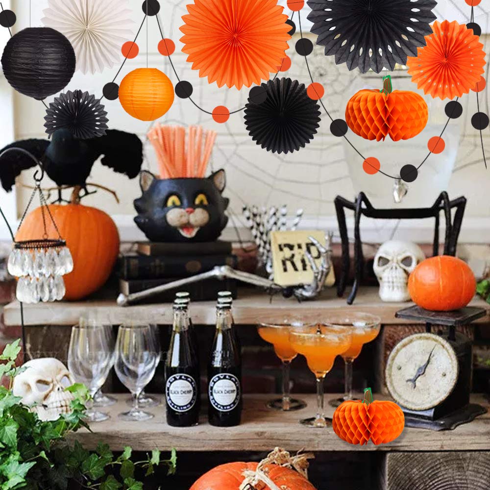 Halloween Party Decorations Supplies Kit Hanging Paper Lanterns Tissue Paper Fan Pumpkins Round Garland For Halloween Party Nigh