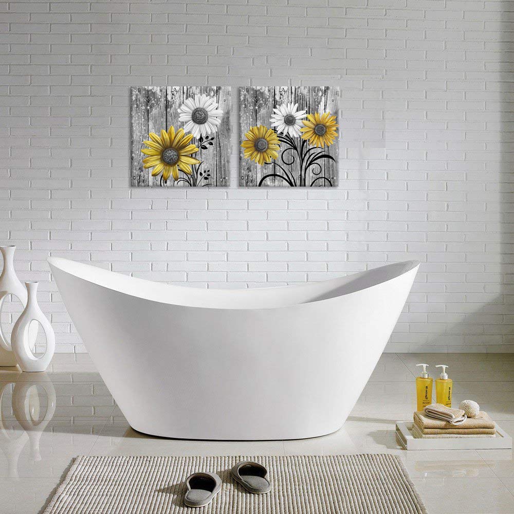 Ihappywall 2 Pieces Rustic Daisy Flowers Bathroom Picture Wall Decor Yellow And Grey Artwork For Bedroom Living Room Farmhouse D