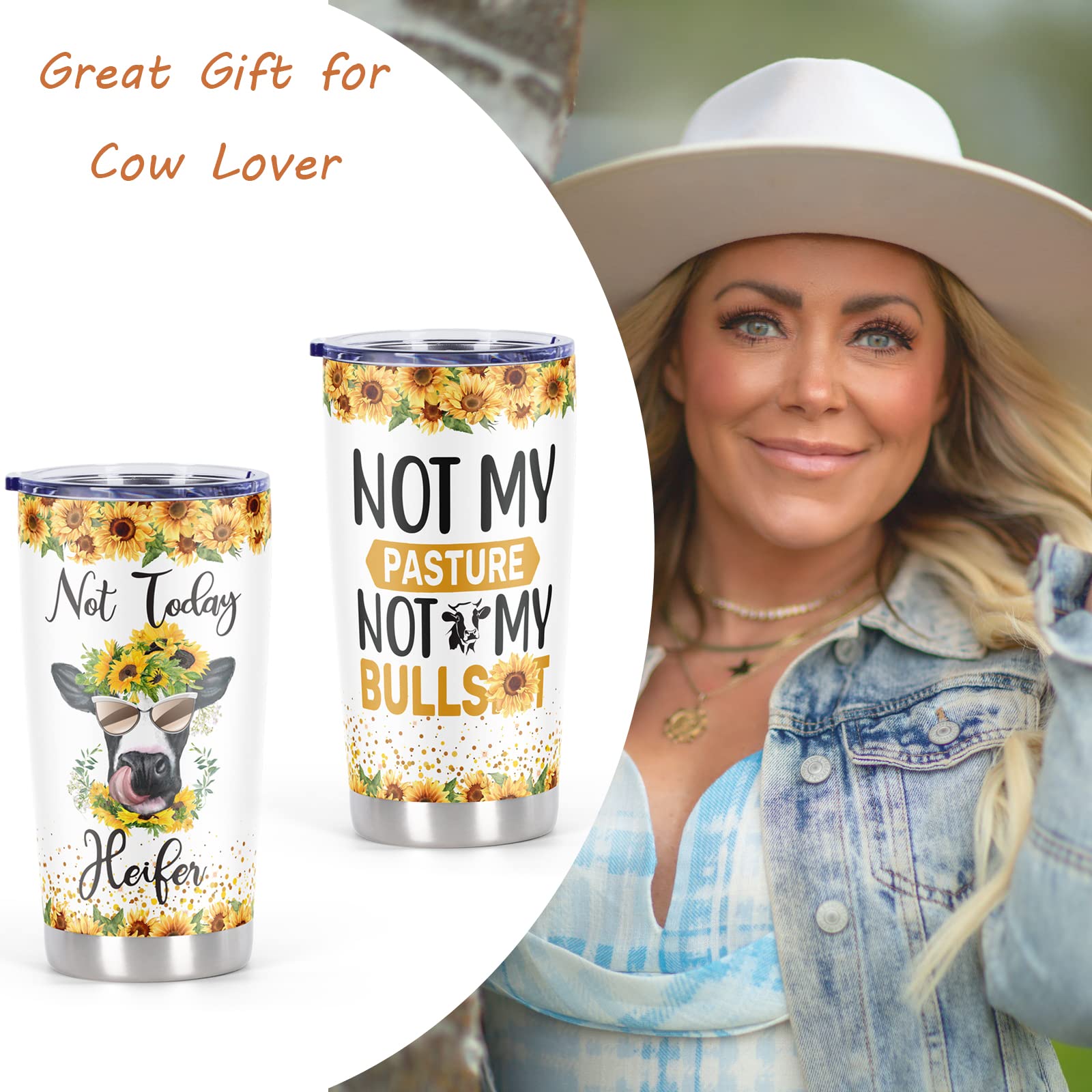 Cosictic Cow Lover Gift, Not Today Heifer Not My Pasture Not My Problem Travel Tumbler With Sunflower Cow, Gift For Heifer Cow L
