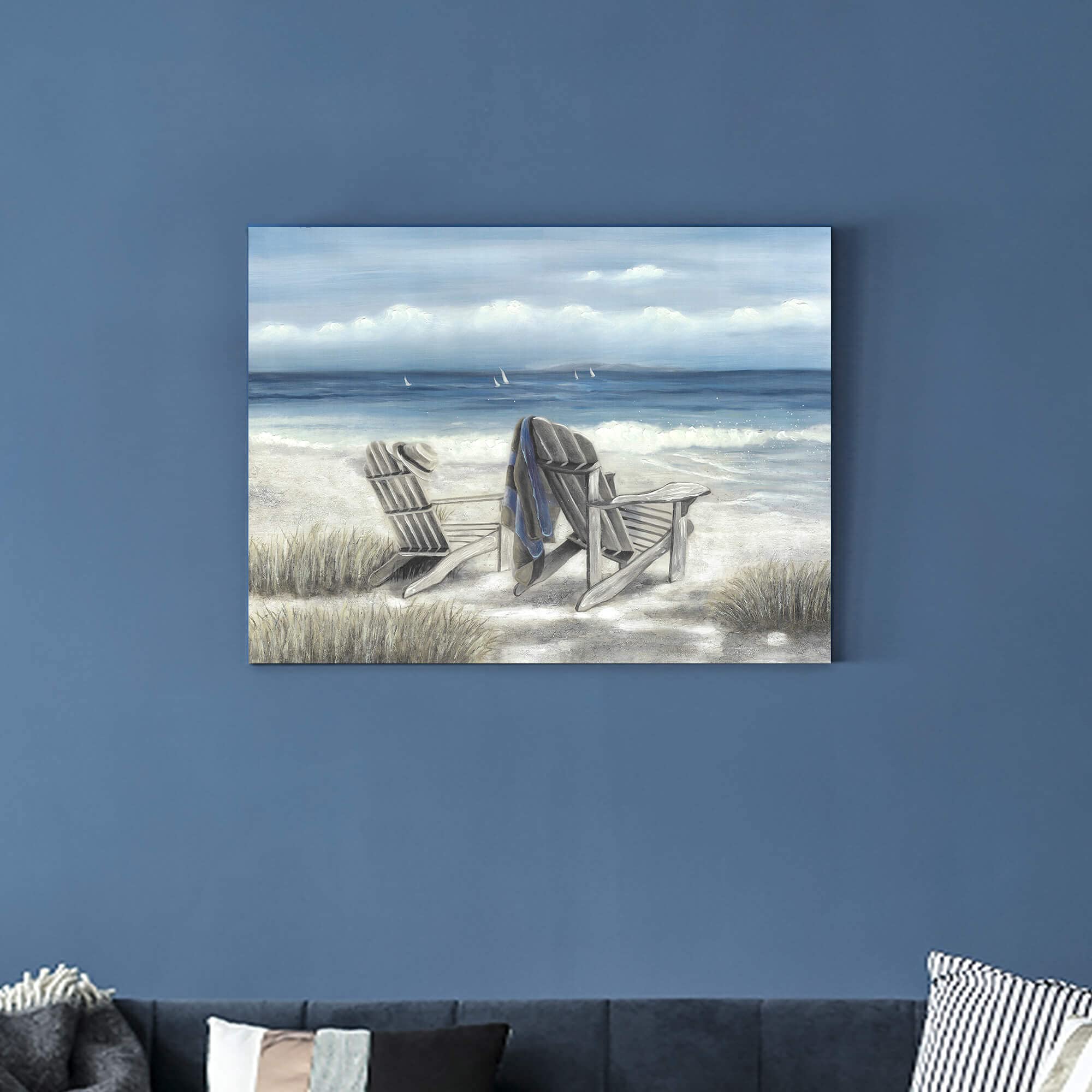 Abstract Beach Canvas Wall Art: Nature Blue Coastal Sea Painting Modern Ocean Scenery Hand Painted Shoreline Artwork Contemporar