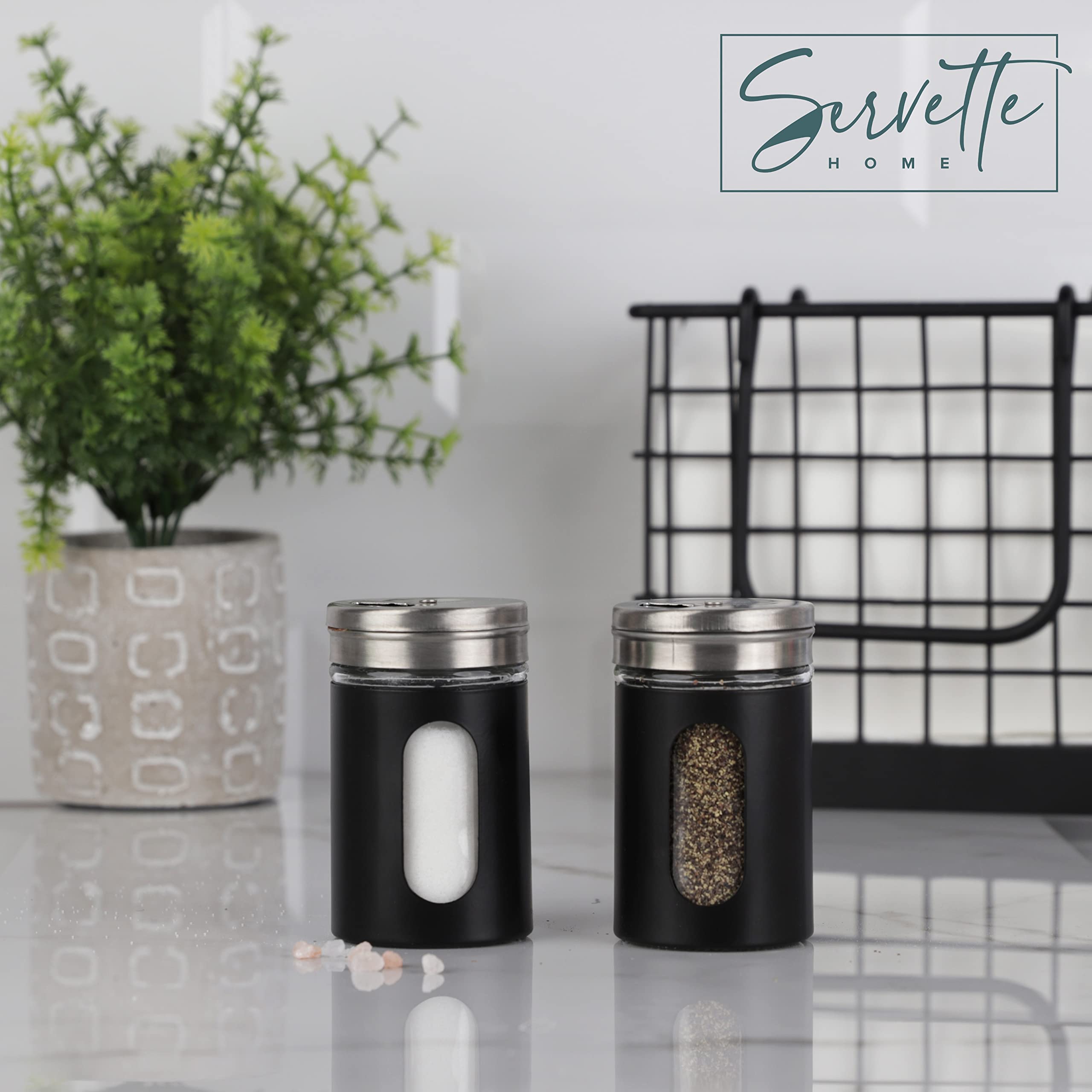 Black Salt Pepper Shakers Retro Spice Jars Glass - Set Of 2