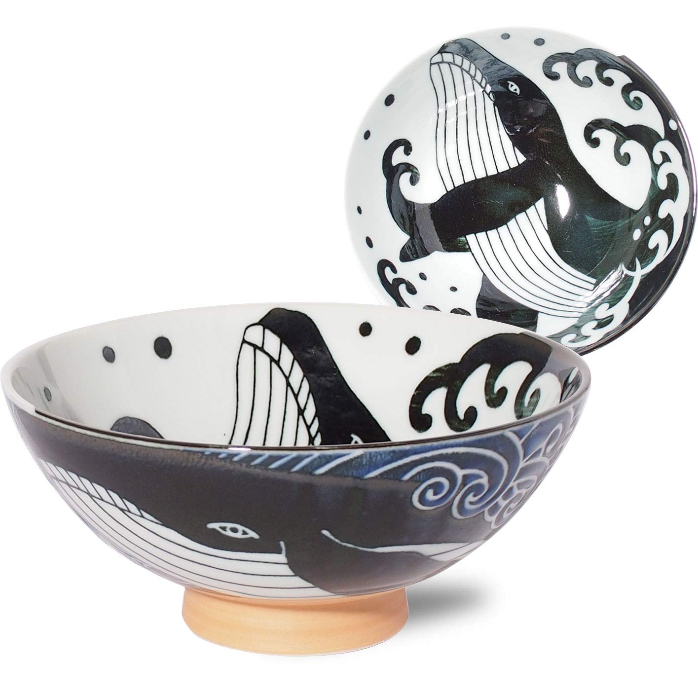 Minorutouki Rice Bowl Extra Large White Wave Whale Blue F5.8  H2.6In 7.76Oz Made In Japan