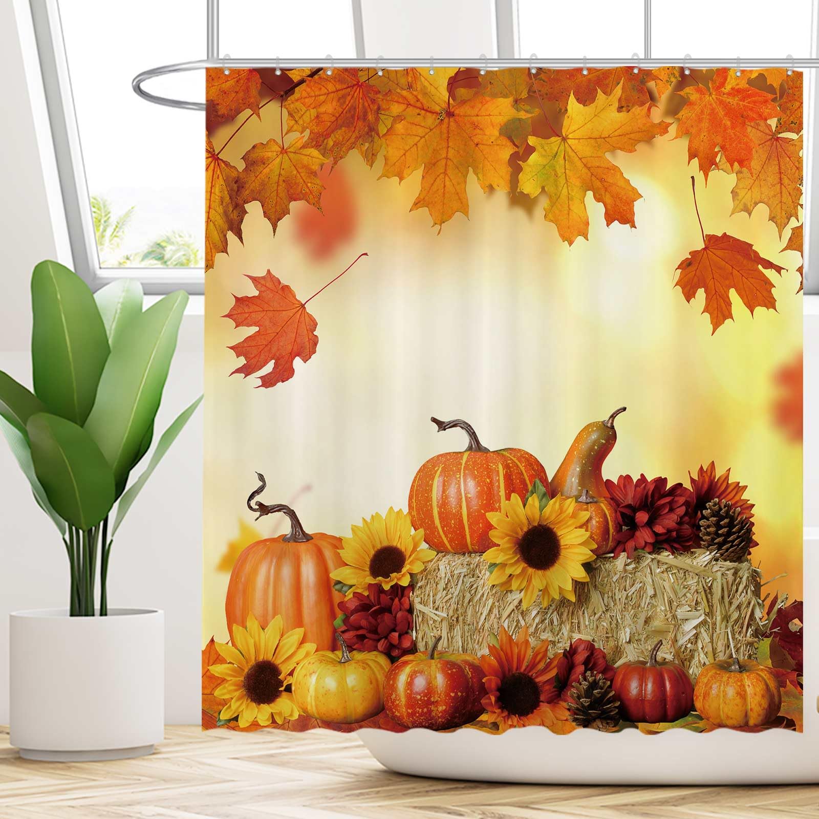 Funnytree Fall Pumpkins Shower Curtain 72"x72" Orange Autumn Decor Machine Washable