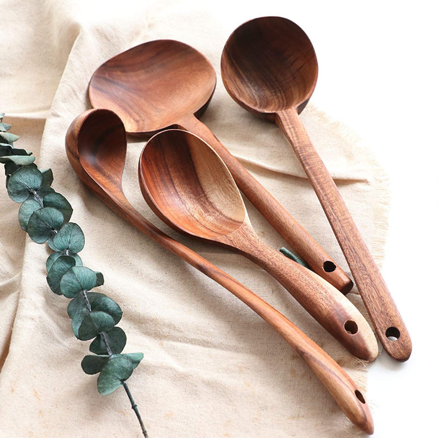 Fjnatinh Wooden Soup Ladle Set, Kitchen Spoon Set Utensils, 4 Pcs Handmade Natural Teak Cooking Spoons, Long Handle Wooden Soup