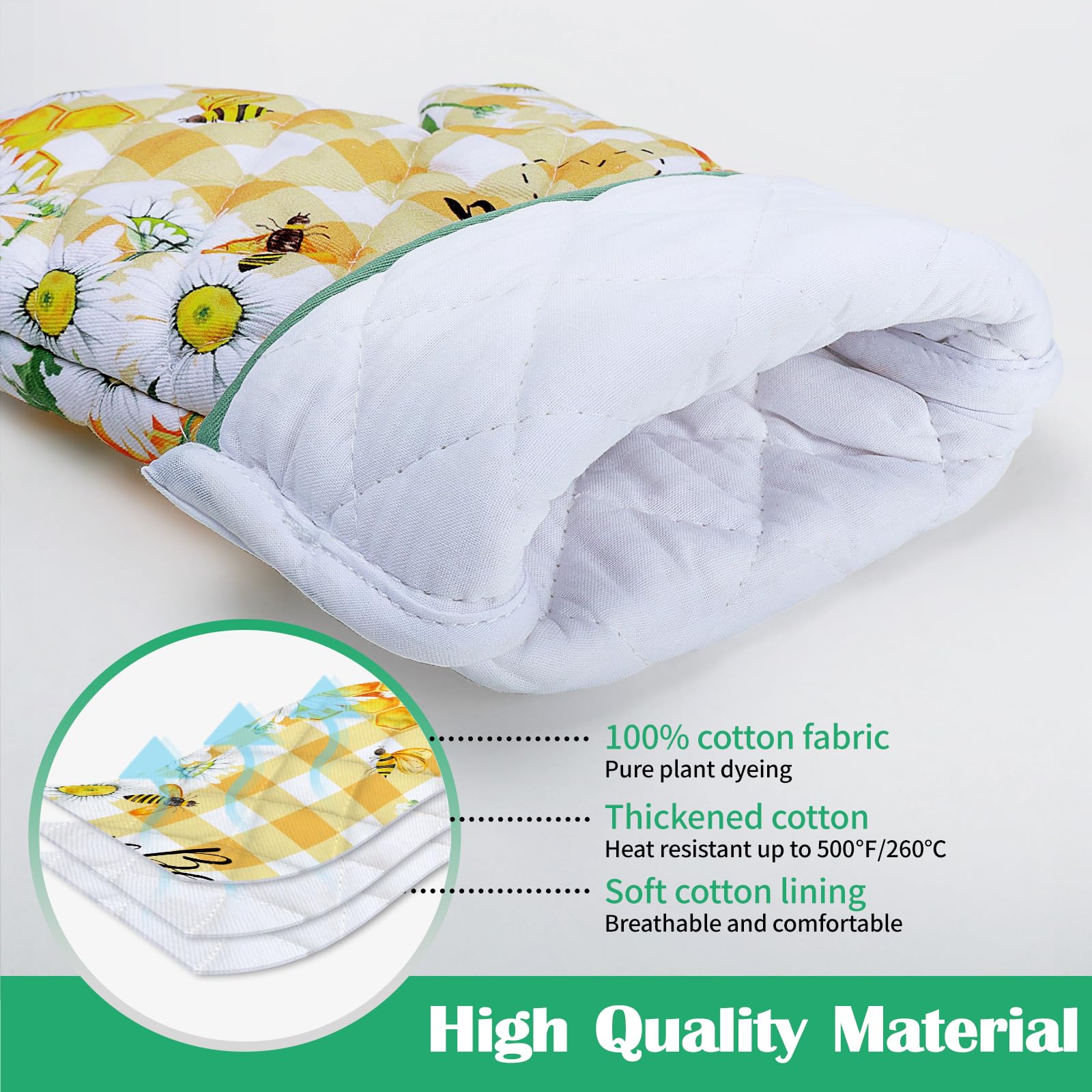 Arquiel Bee Daisy Oven Mitts And Pot Holders Sets 100% Cotton Heat Resistant, Extra Long Oven Gloves Potholder For Kitchen Cooki