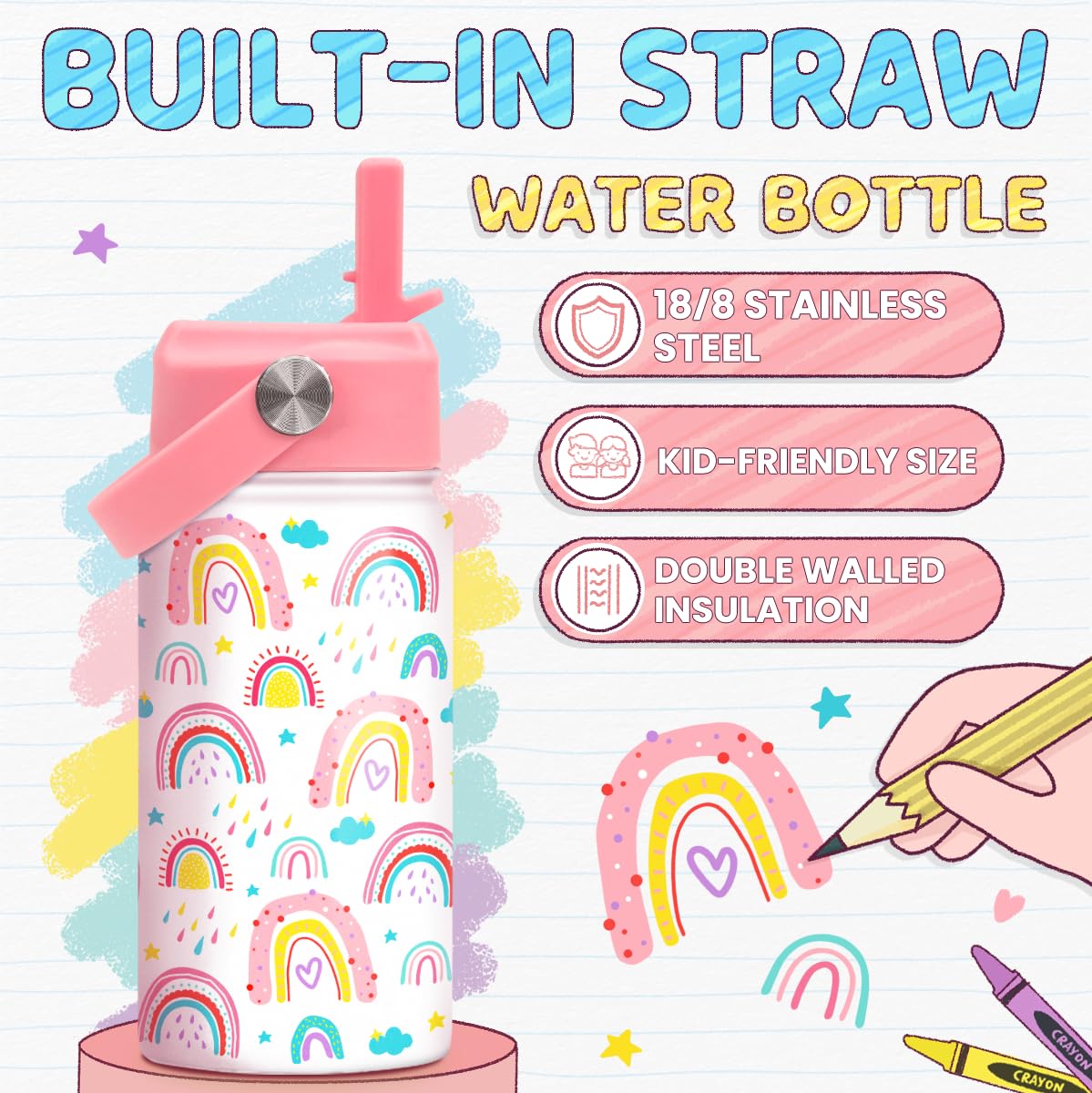 Rainbow Kids Water Bottle With Straw Lid 12oz Insulated Stainless Steel, Travel Tumbler, Gifts For Girls, Birthday, Christmas, B
