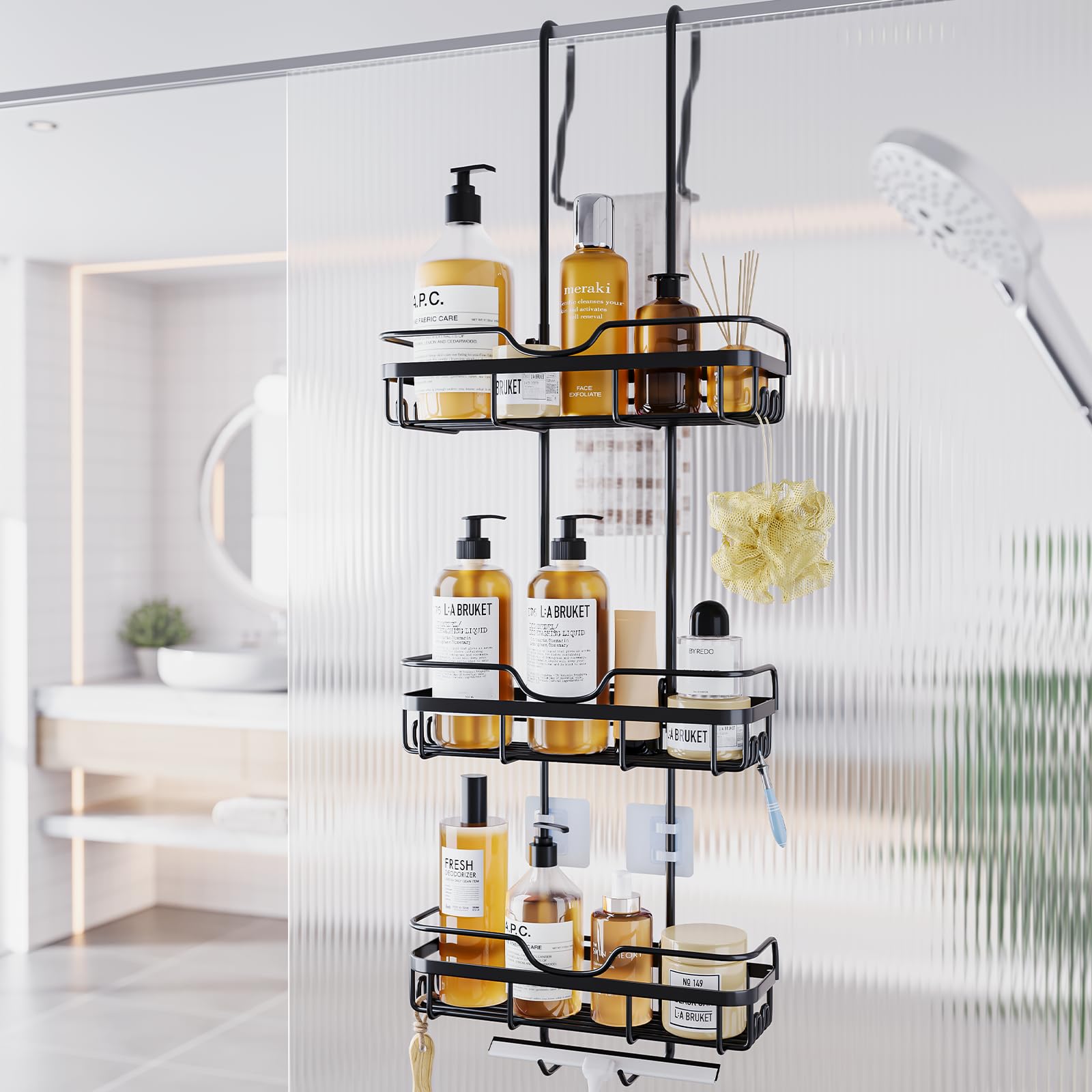 Shower Caddy Over The Door Organizer: Bath Rack Hanging Over Glass With Hooks - Storage Shelf Inside Bathroom For Shampoo - Matt