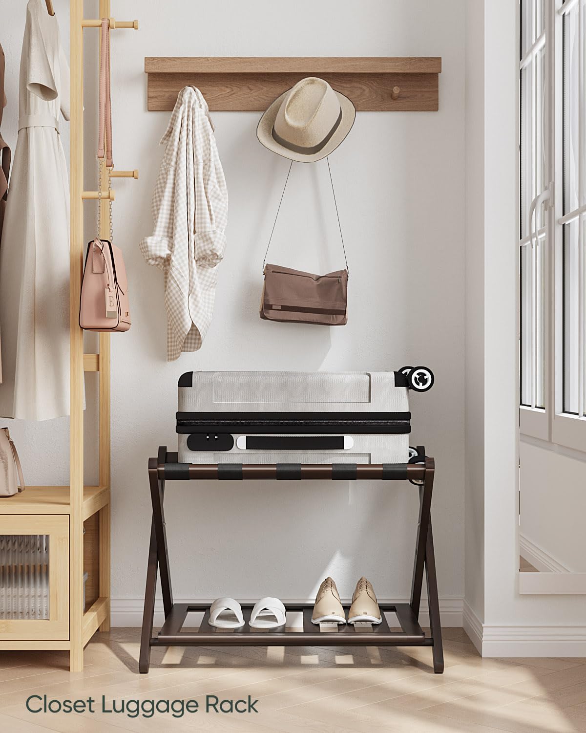 Smart Fendee Fully Assembled 2-Tier Bmaboo Luggage Racks, Folding Suitcase Stand, Wide Foldable Wood Luggage Holders, Ideal For