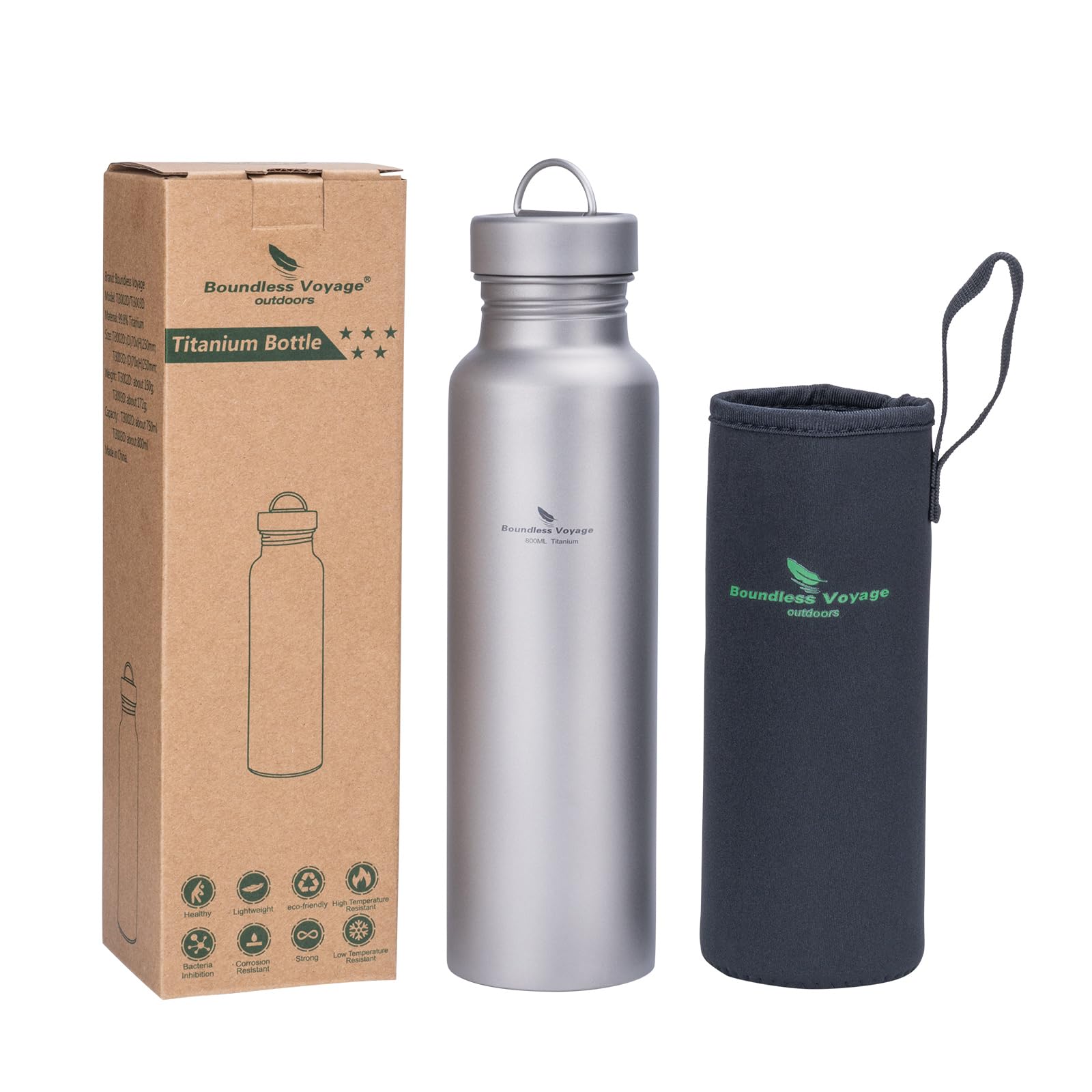 iBasingo 800ml Titanium Water Bottle with Leakproof Lid & Hook Ti3003D
