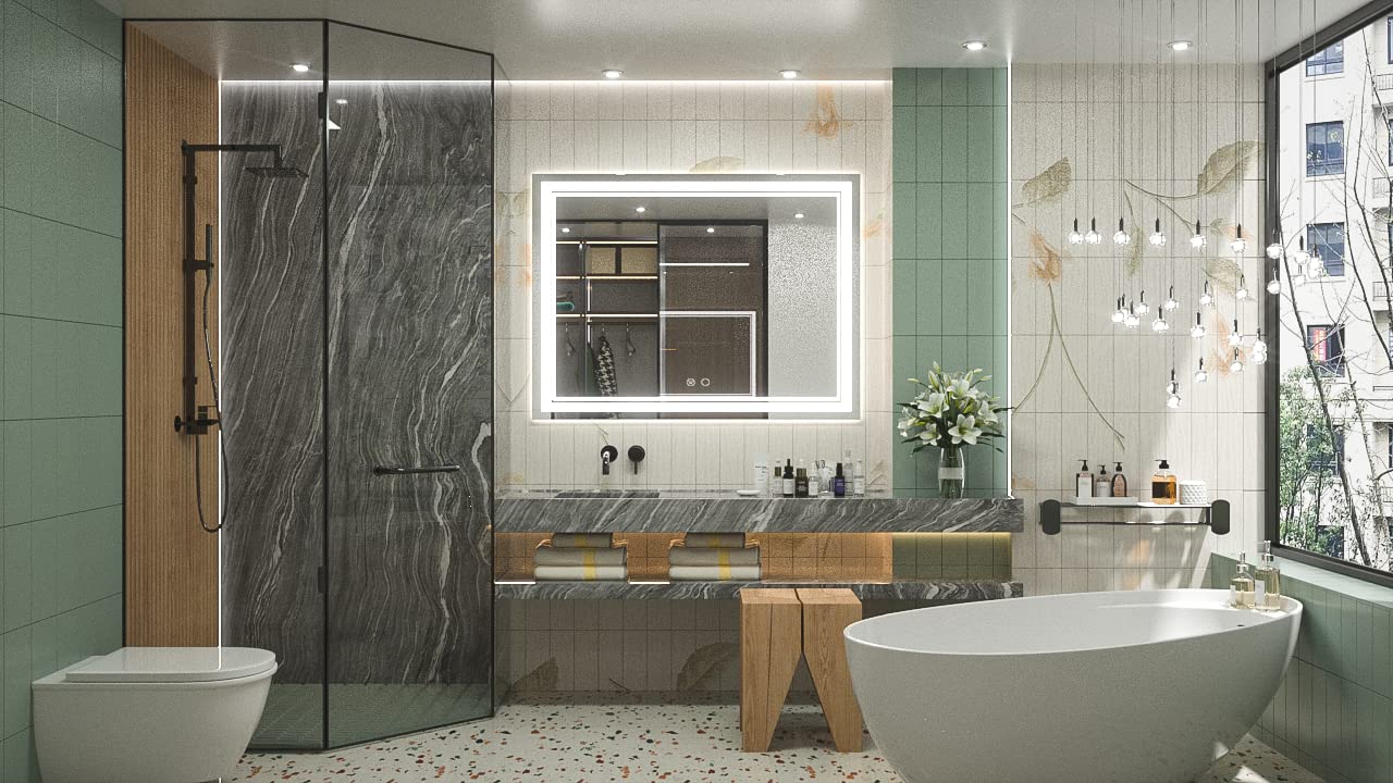 Keonjinn LED Bathroom Mirror with Lights  48 x 36 Inch LED Vanity Mirrors  Wall Mounted Anti-Fog Dimmable Front Lighted Makeup Mirror for Bedroom  CRI 90+  IP54 and Shatterproof (Horizontal/Vertical)