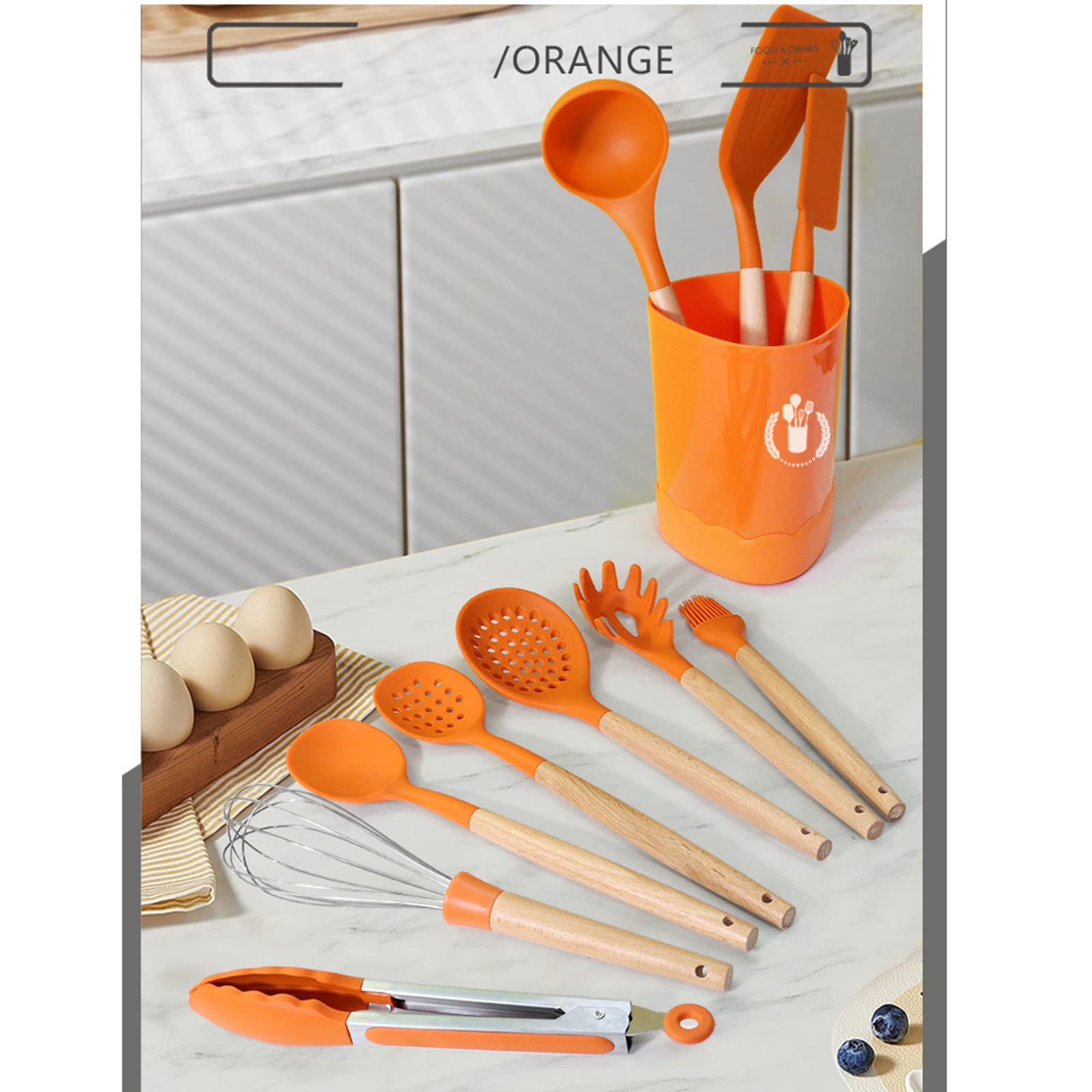 Briiec Orange Silicone Kitchen Cooking Utensils Set, Heat Resistant Silicone Kitchen Gadgets Utensils Set With Wooden Handle,Sil