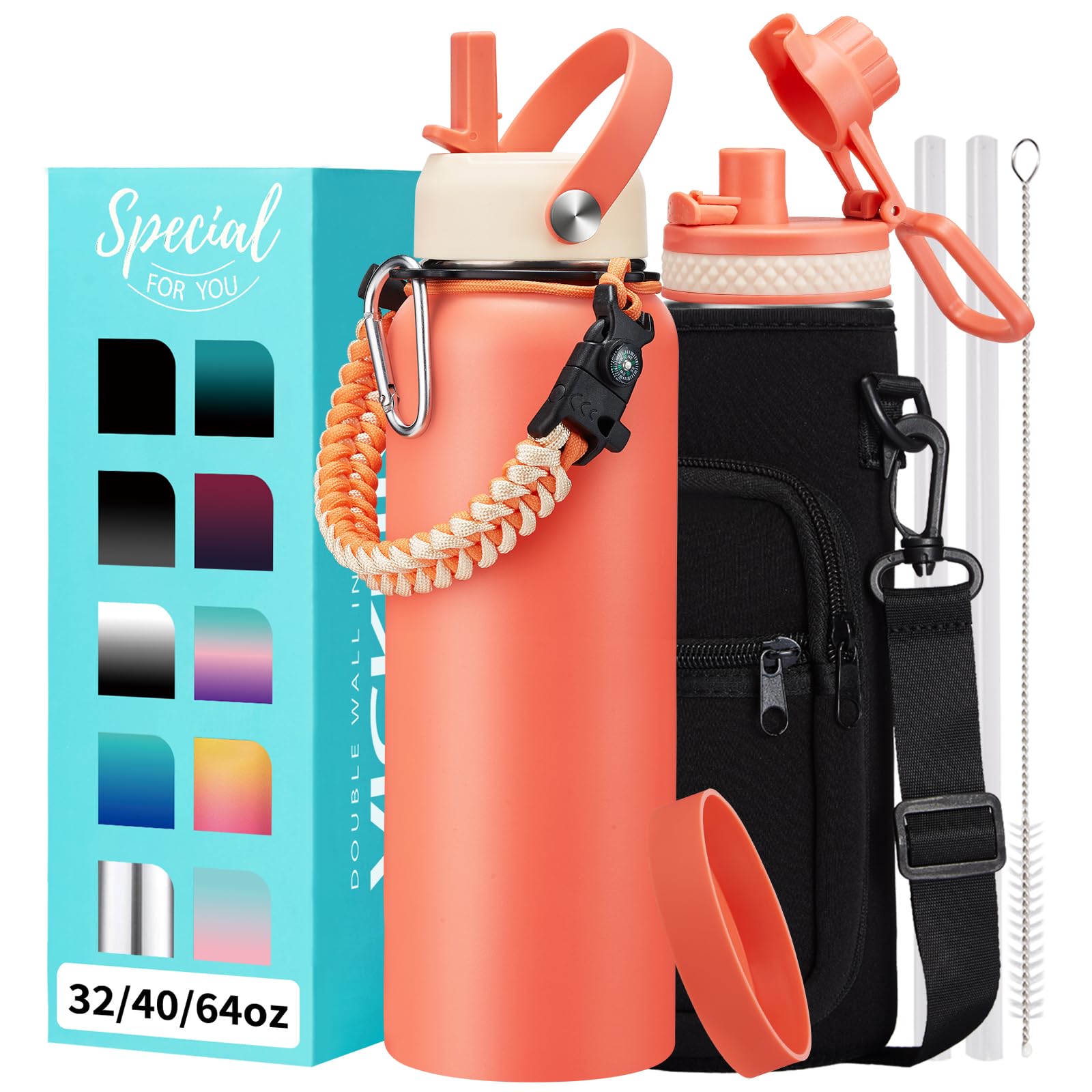 40 oz Insulated Water Bottle - (Cold 48H) Metal Water Jug with Straw & Auto Spout Lids, Leak Proof Coldest Stainless Steel Flask