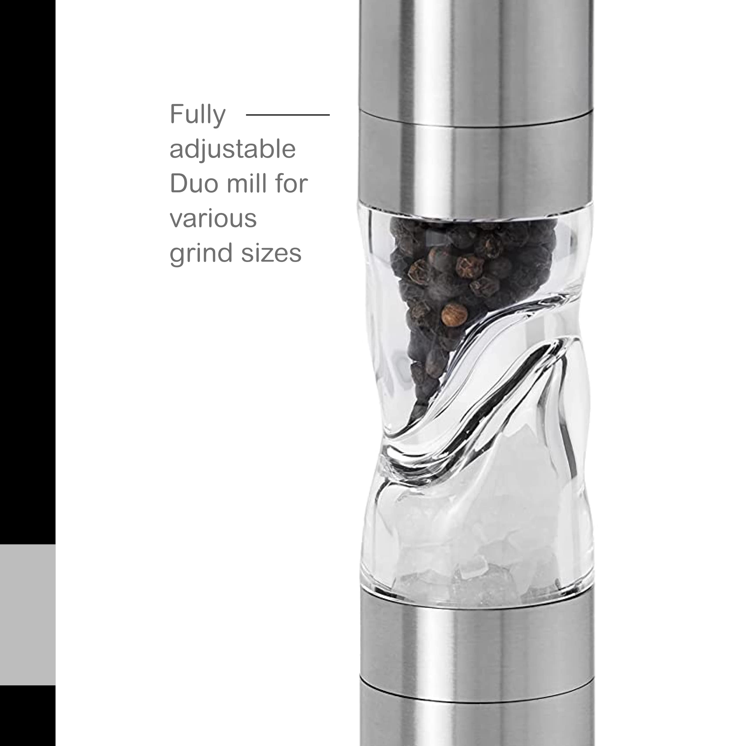 Adhoc Duomill Pure Salt And Pepper Combo Mill - 2-In-1 Salt And Pepper Grinder With Aroma Bottom Cap - Adjustable Grinder - Refi