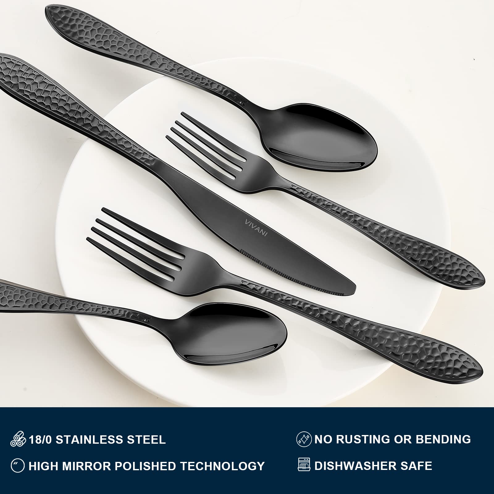 Vivani Arlox 40-Piece Black Silverware Set For 8, Stainless Steel Utensils Set, Hammered Black Flatware Cutlery Set, Mirror Poli